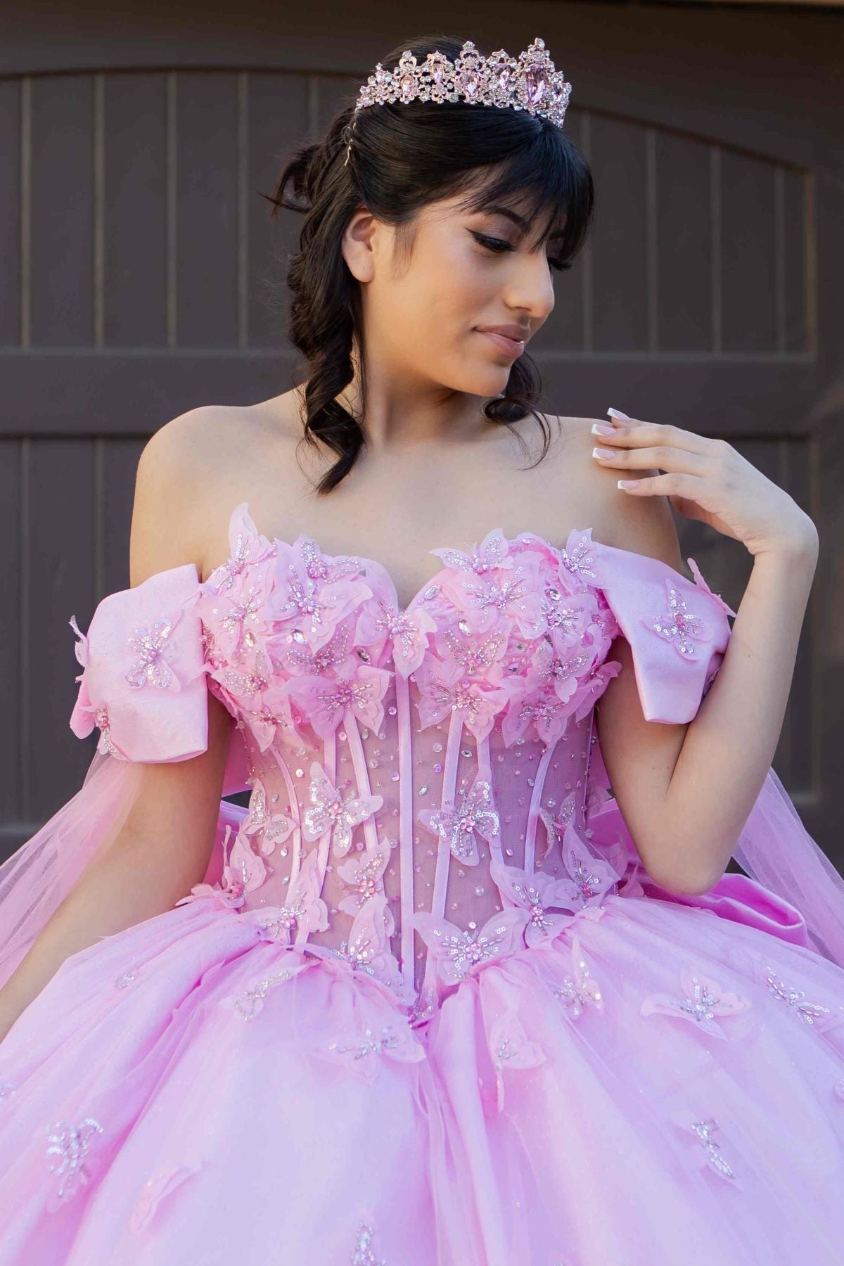 Quinceniera Dresses Long Applique Quinceanera Cape Ball Gown Pink