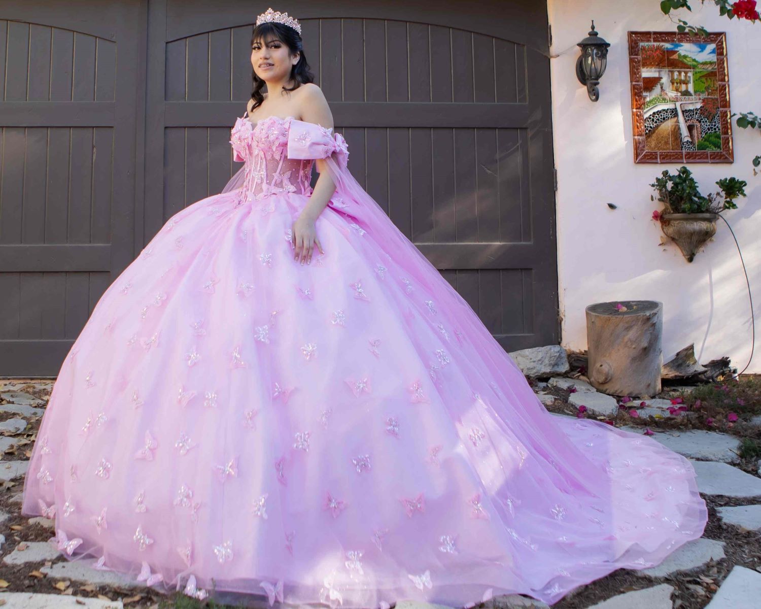 Quinceniera Dresses Long Applique Quinceanera Cape Ball Gown Pink