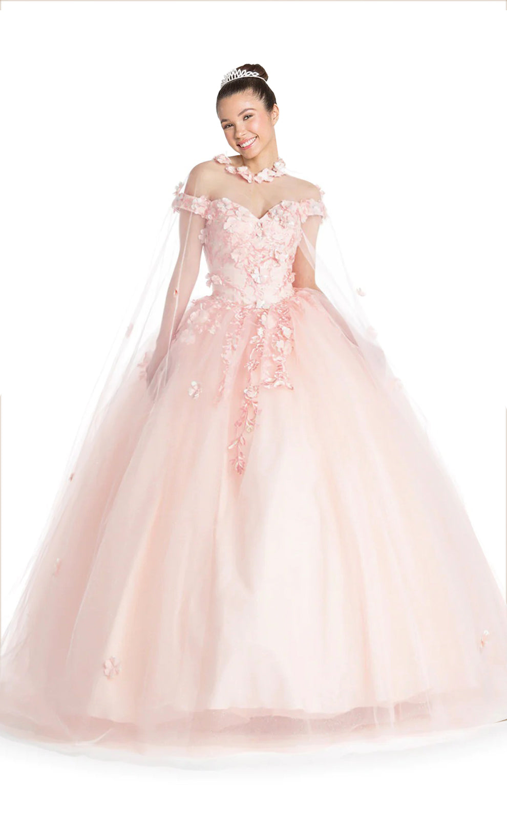 Long Off-the-Shoulder Quinceanera Cape Dress Ball Gown – Blush