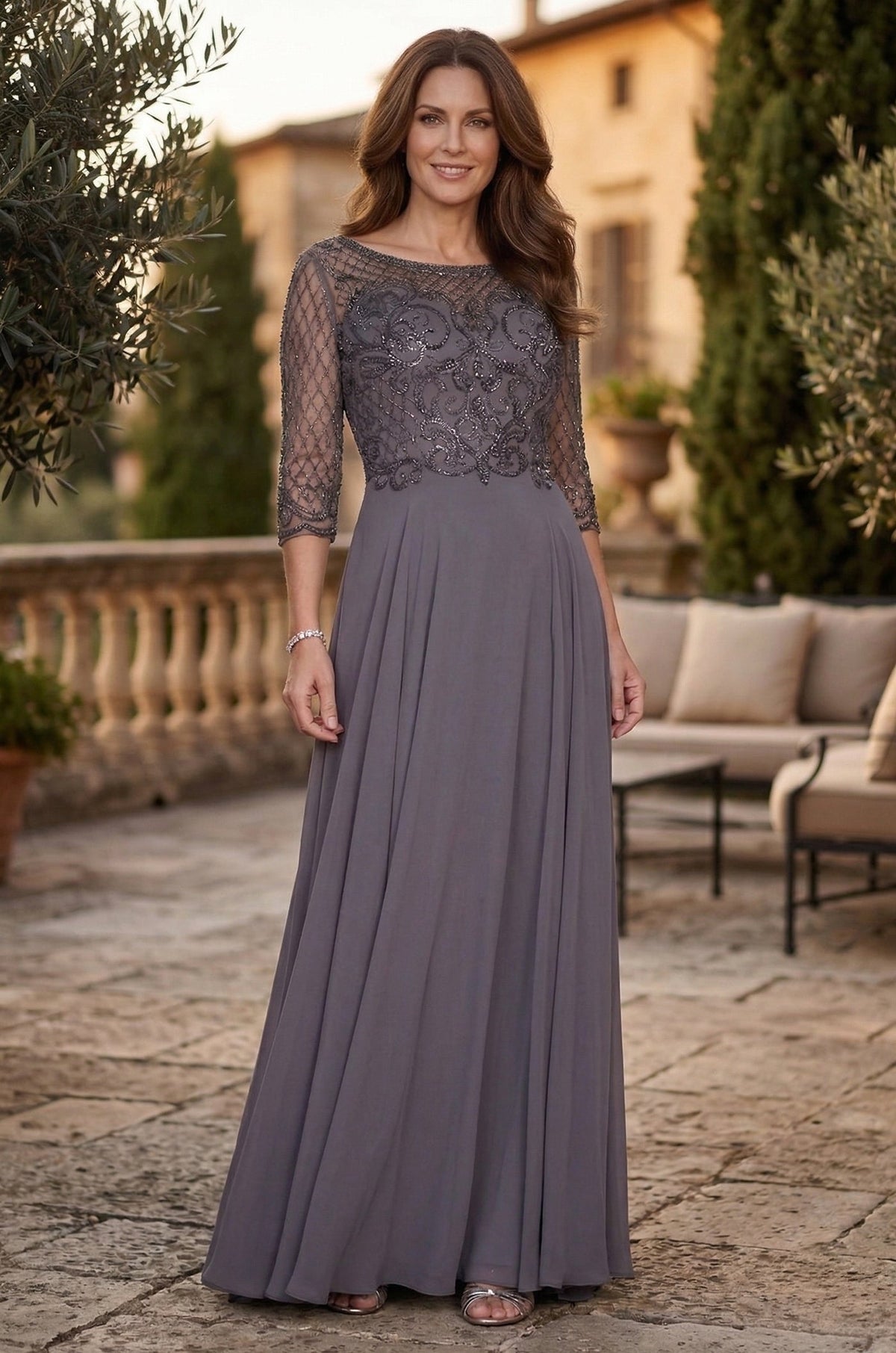 Hand Beaded Long Sleeve Mother of the Bride Dress – Charcoal