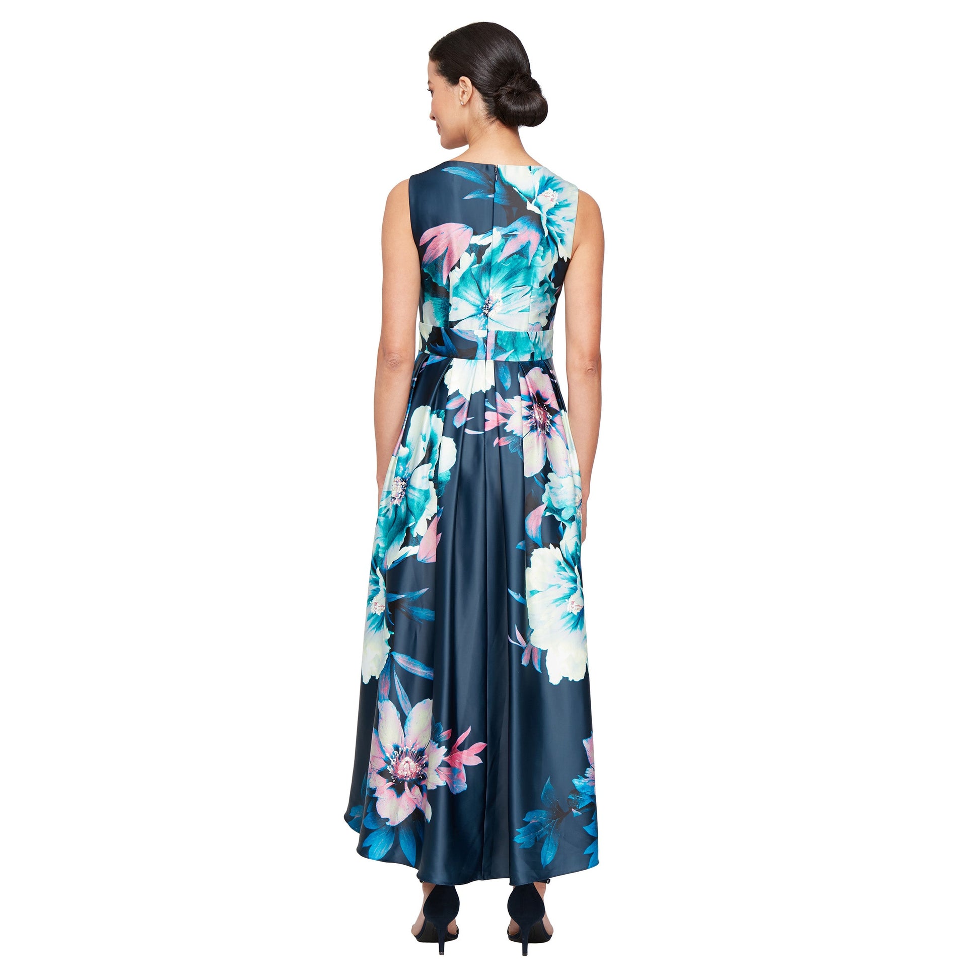 Cocktail Dresses  Pleated High Low Printed Formal Pocket Dress Navy Multi