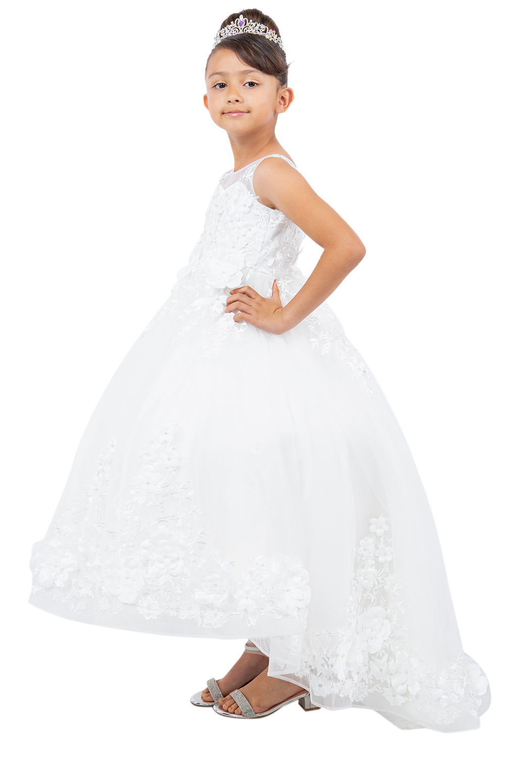 Flower Girl Dresses 3D Floral High Low Flower Gril Dress Off White