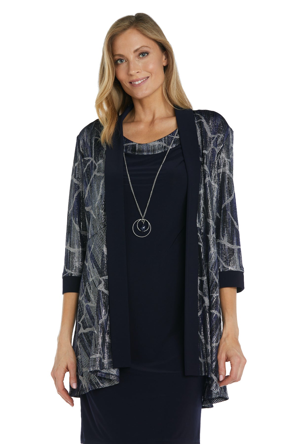 Mother of the Bride Dresses Printed Short Mother of the Bride Jacket Dress  Navy/Silver