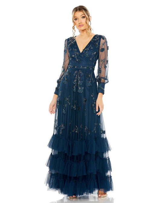 Formal Dresses Mesh Long Sleeve Tiered A Line Dress Twilight