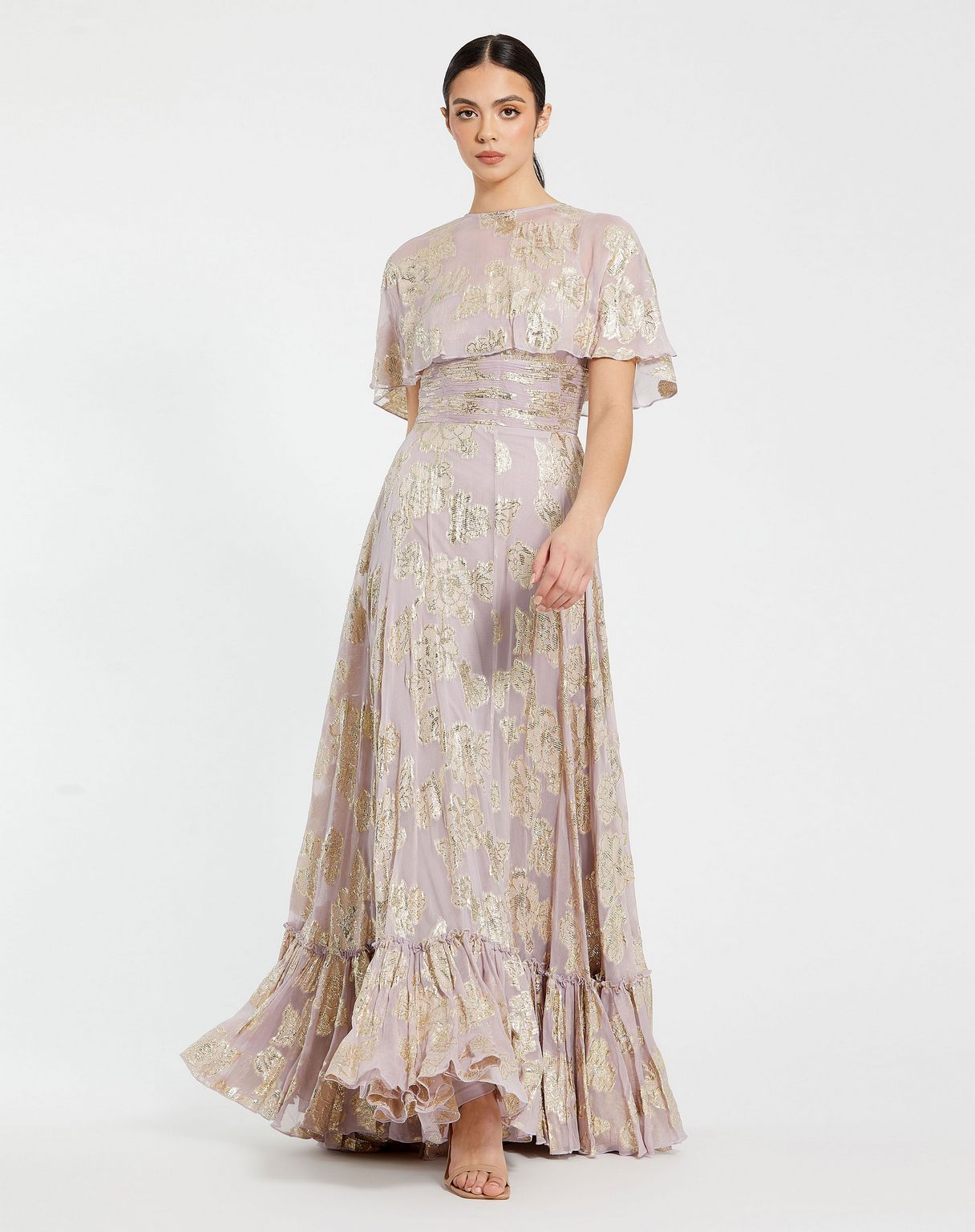 Formal Dresses A Line Long Floral Print Cape Sleeve Formal Dress Vintage Lilac