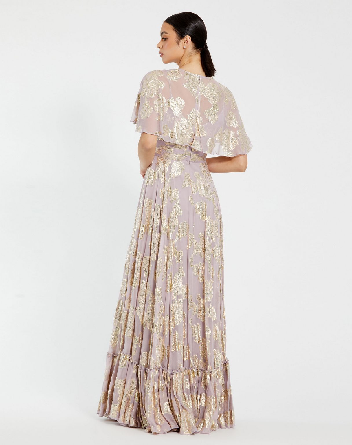 Formal Dresses A Line Long Floral Print Cape Sleeve Formal Dress Vintage Lilac