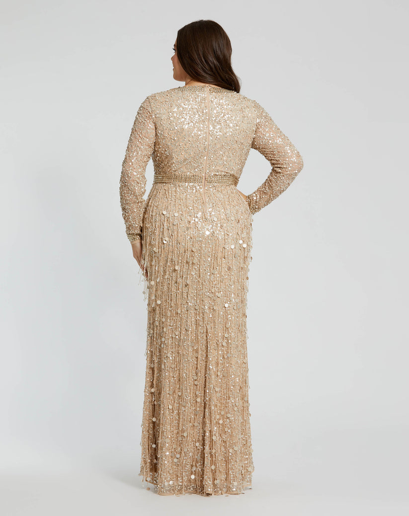 Plus Size Dresses Plus Size Fringe Long Sleeve Formal Dress Nude Gold