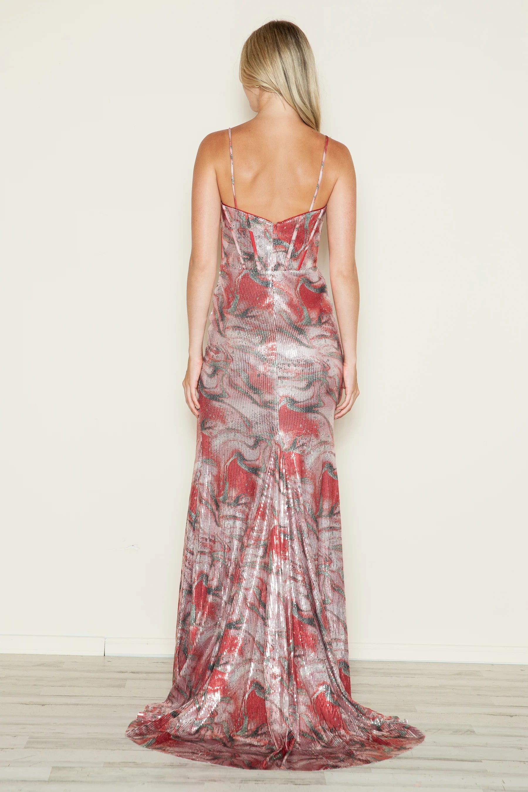 Prom Dresses Fitted Long Formal Sequin Print Prom Dress Red/Coral
