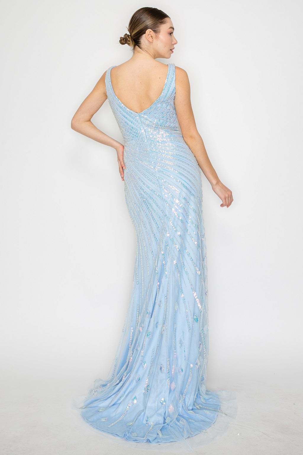Poly USA 9522 Formal Long Fitted Sequin Prom Slit Dress