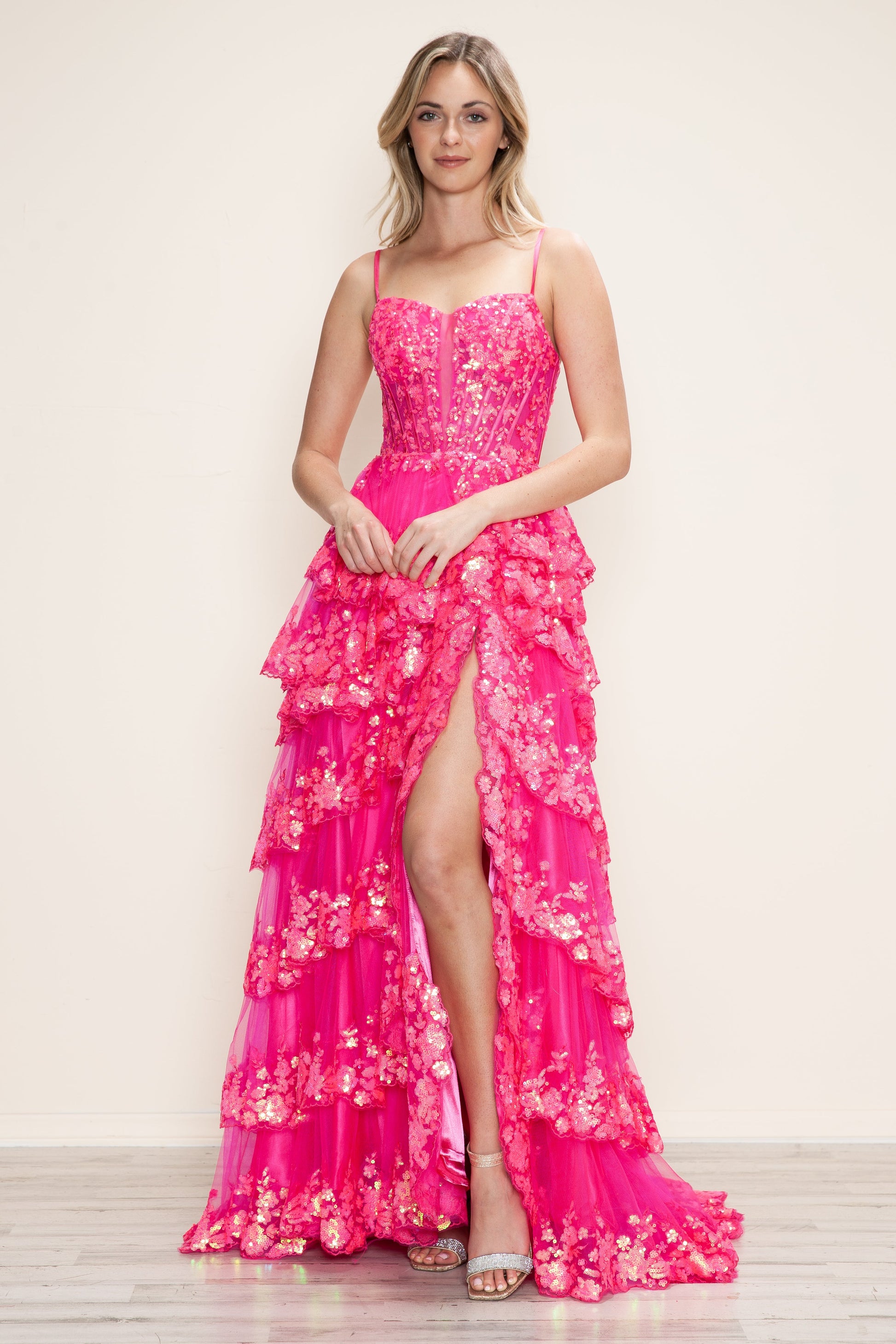 Prom Dresses A Line Long Formal Tiered Slit Prom Dress Hot Pink