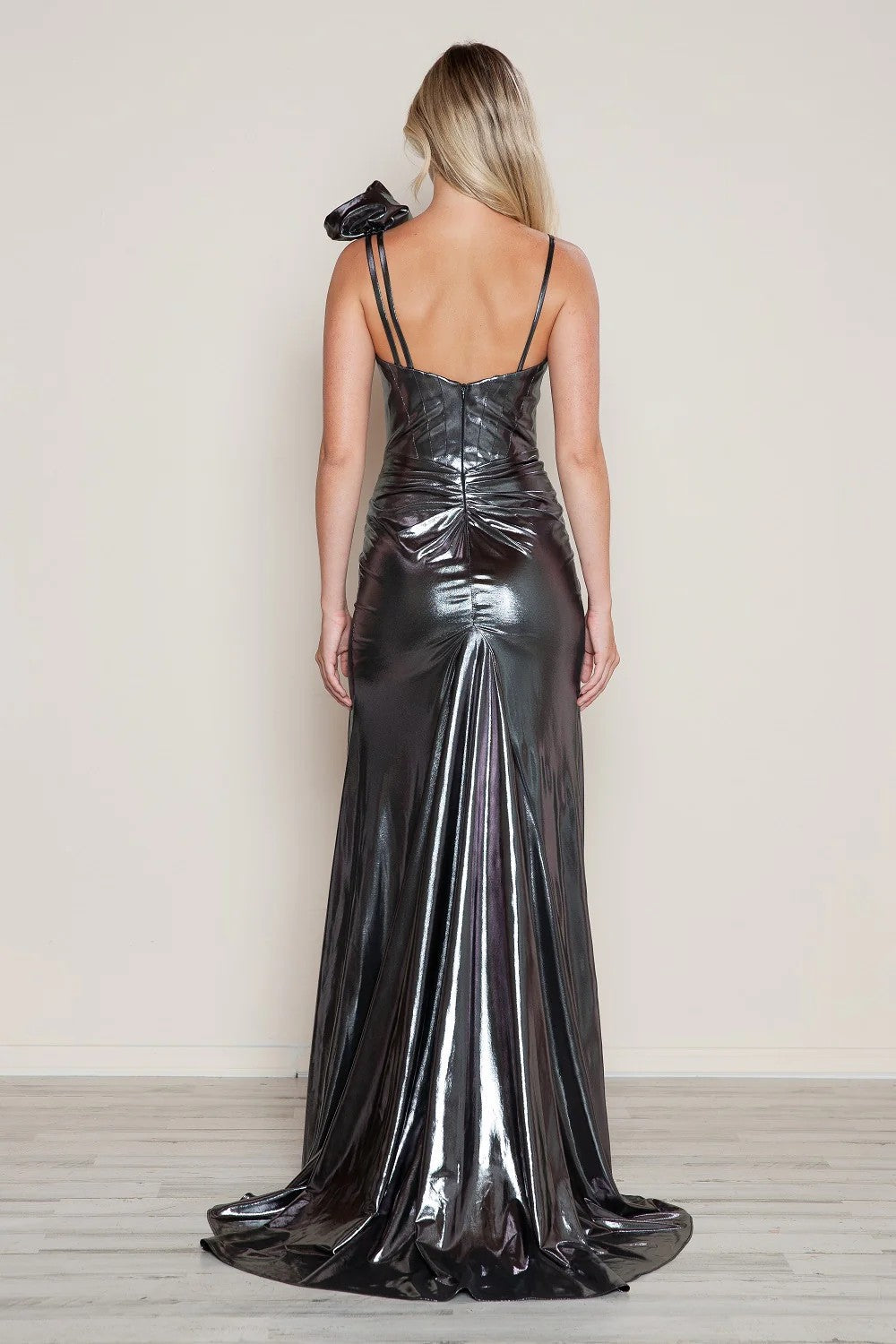 Prom Dresses Long Slit Prom Formal Metallic Dress Gunmetal