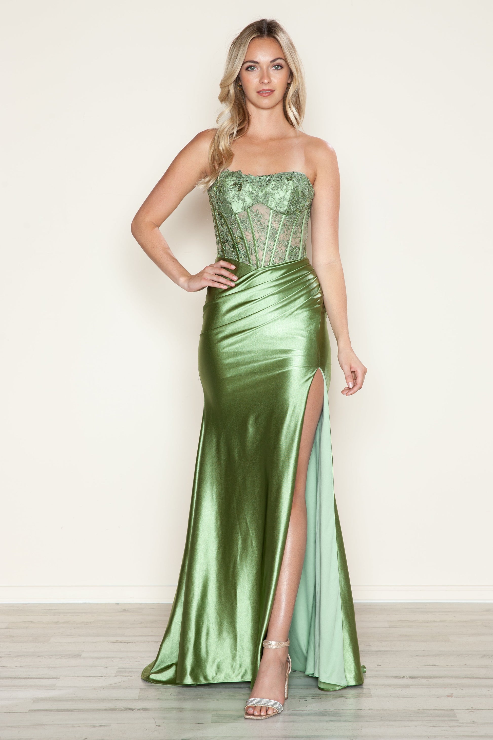 Prom Dresses Fitted Long Slit Lace Formal Prom Dress Sage
