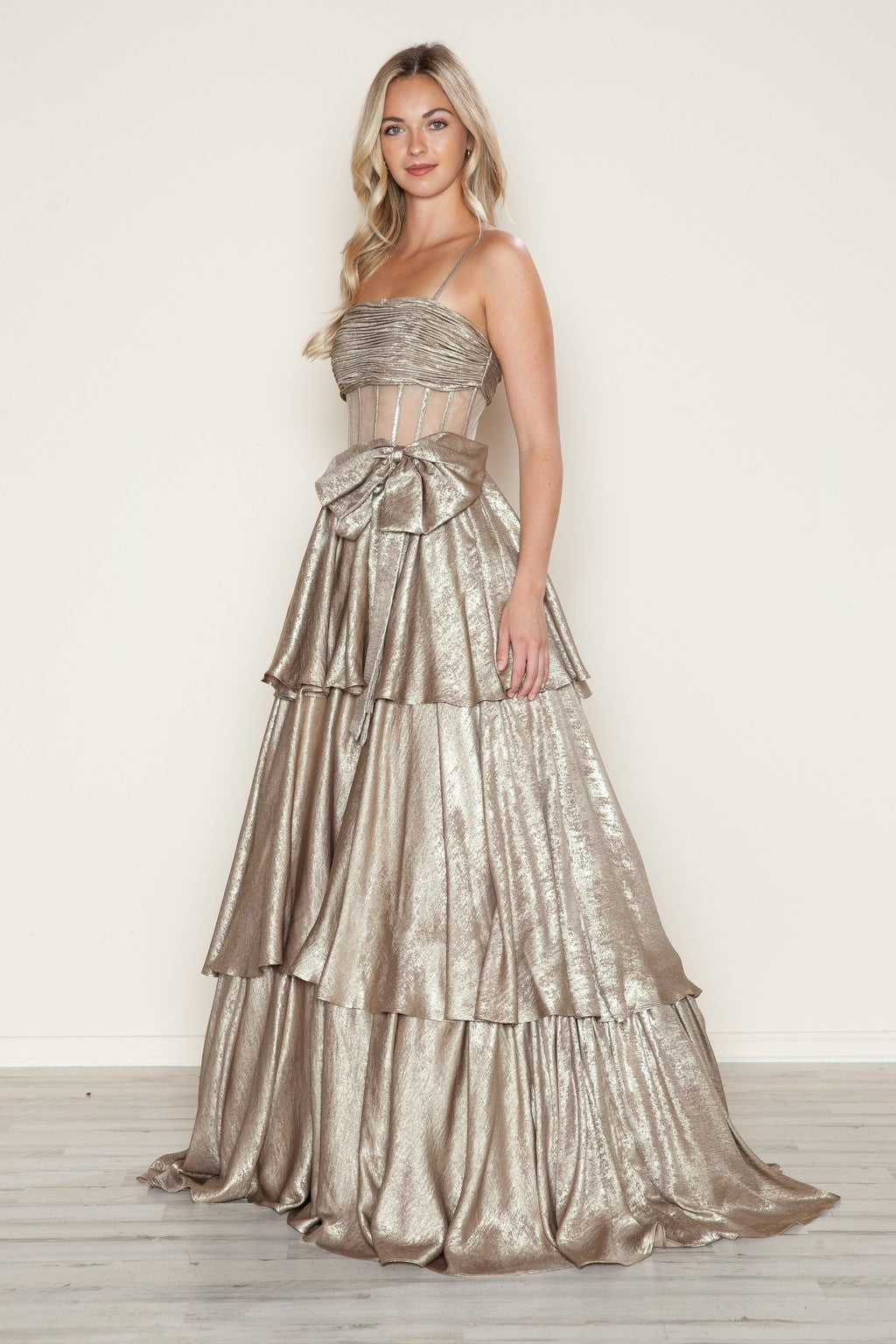 Prom Dresses Metallic Long Formal Tiered Prom Dress Gold