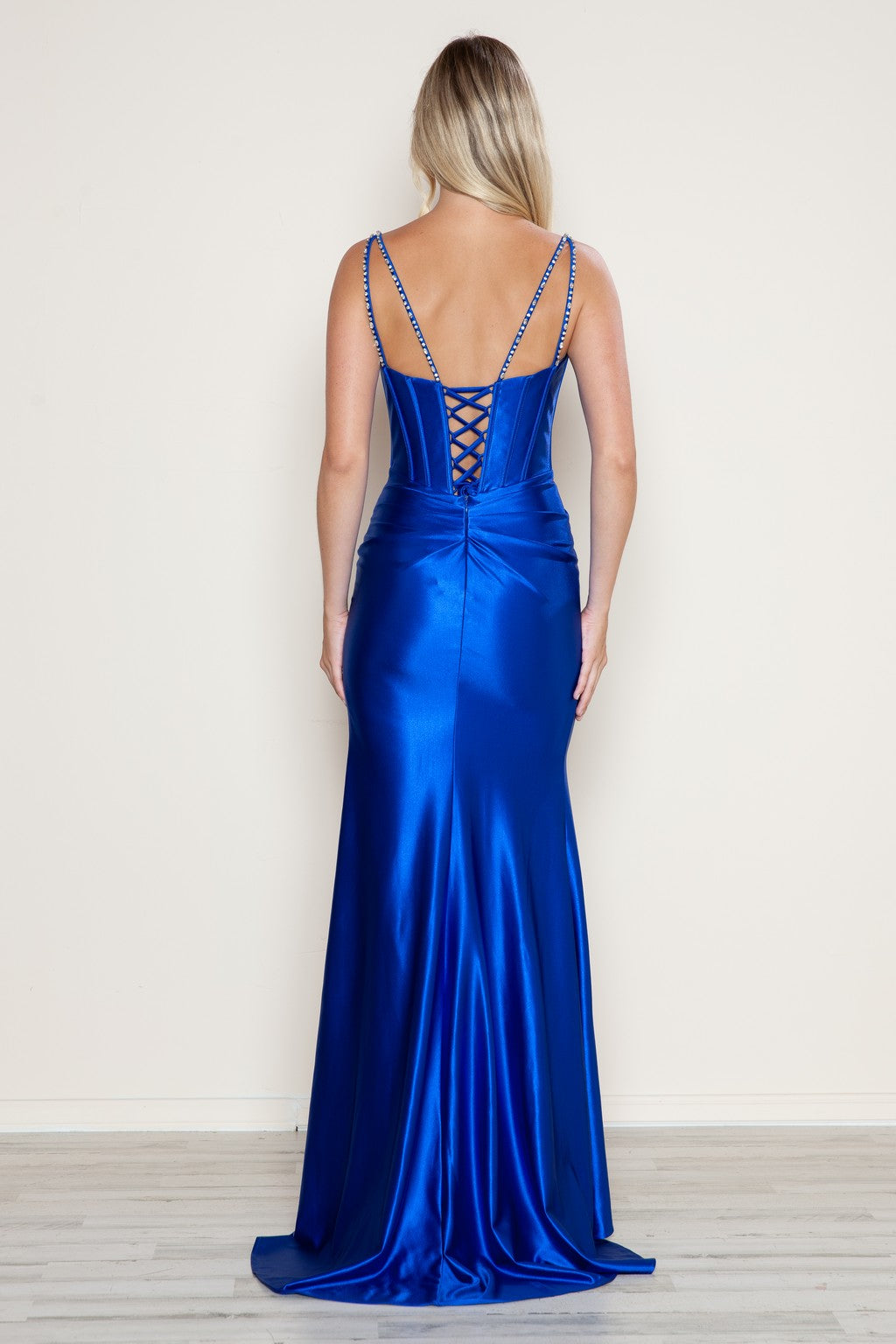 Prom Dresses Beaded Slit Long Formal Corset Prom Dress Royal