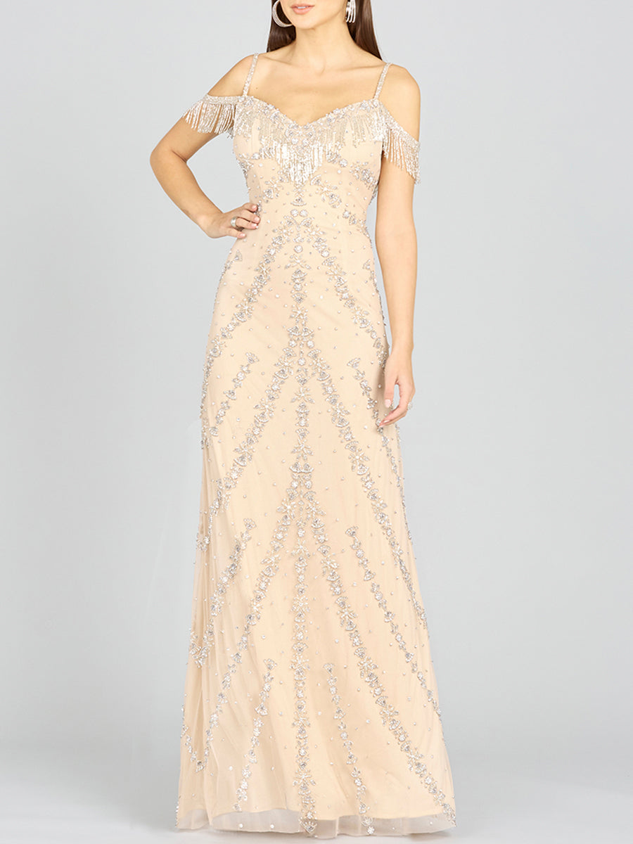 Prom Dresses Prom Long Beaded Fringe Formal Dress Nude/Silver