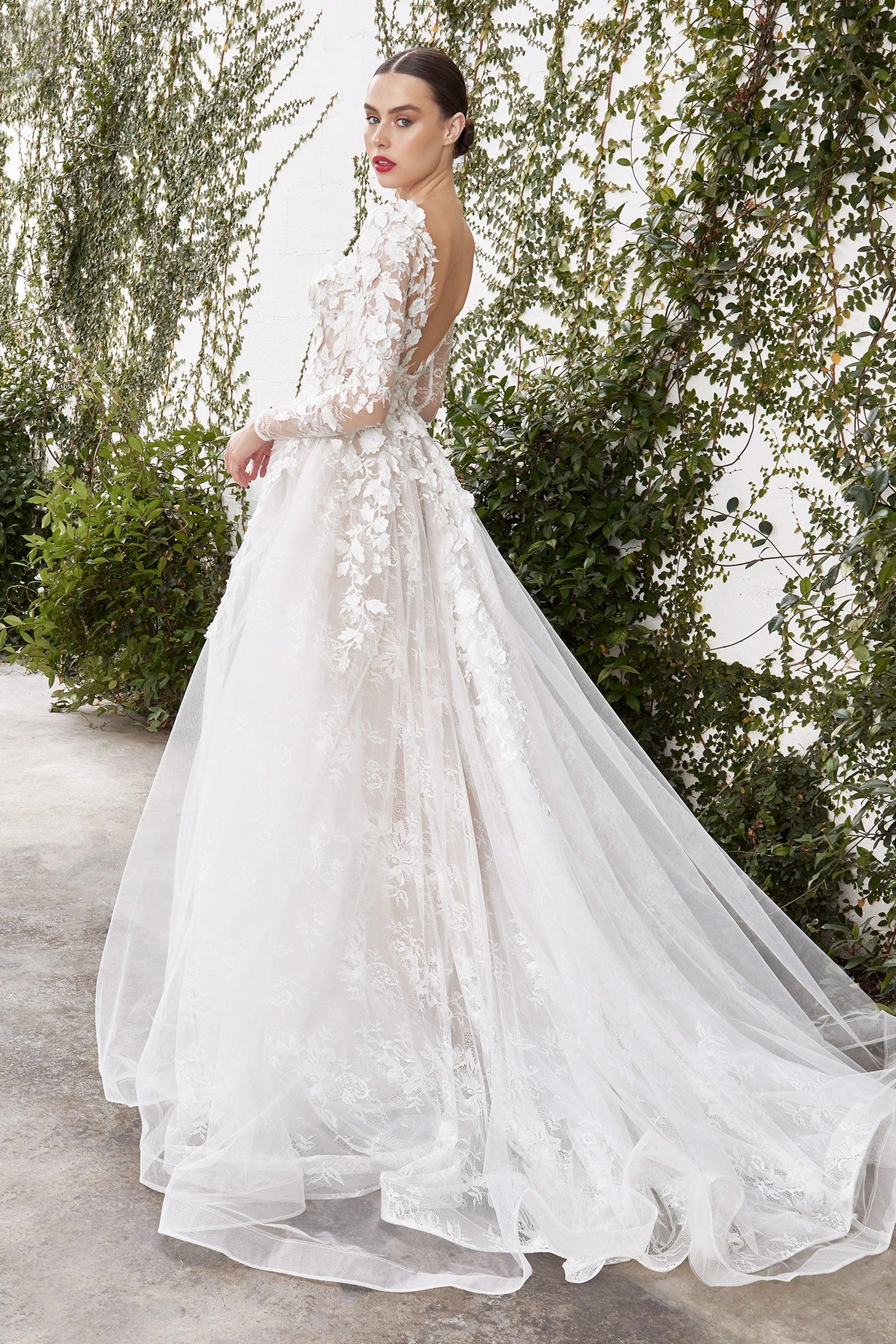 Wedding Dresses Long Sleeve Plus Size 3D Floral Wedding Dress Off White Nude
