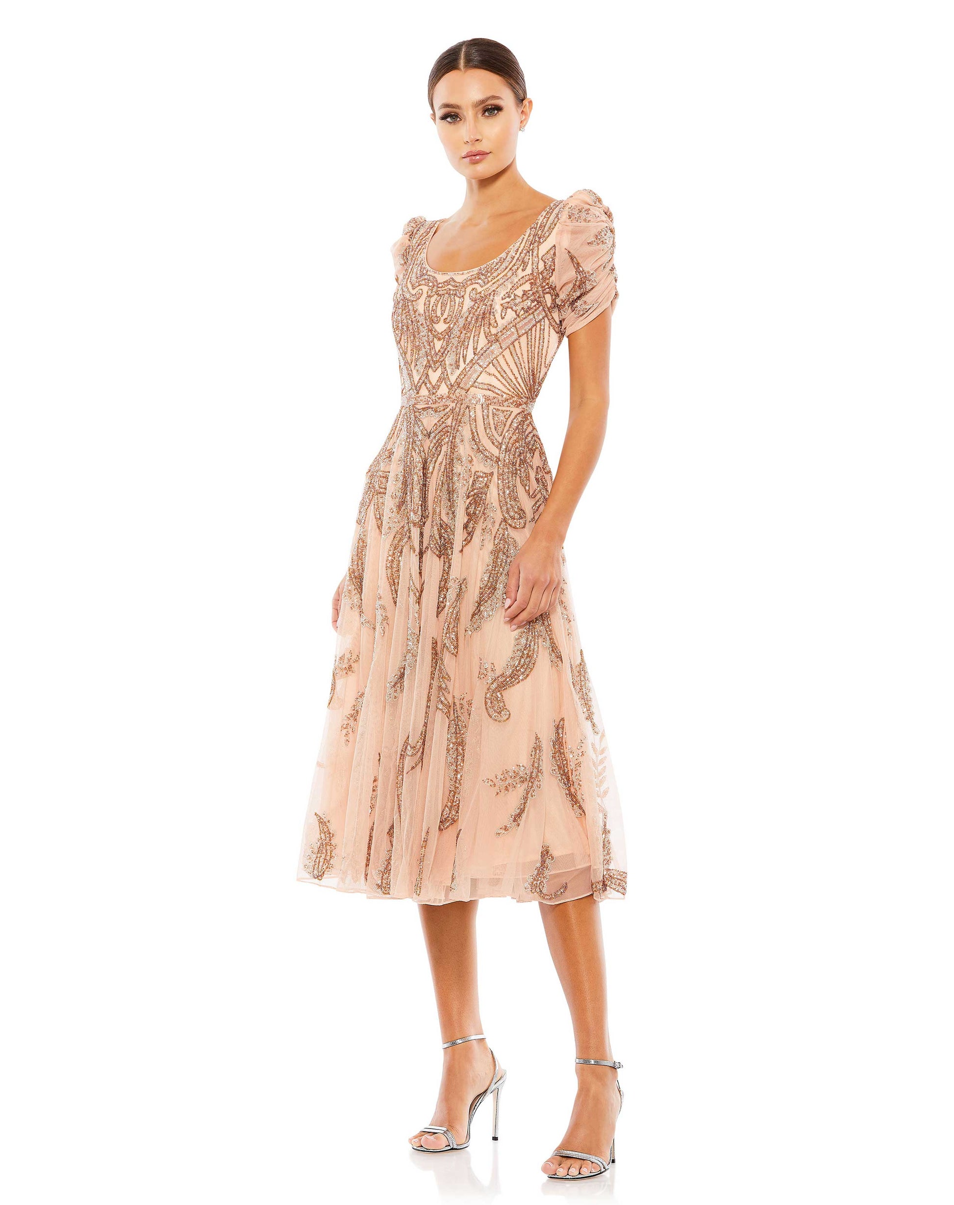 Formal Dresses Beaded A Line Tea Length Dress Apricot