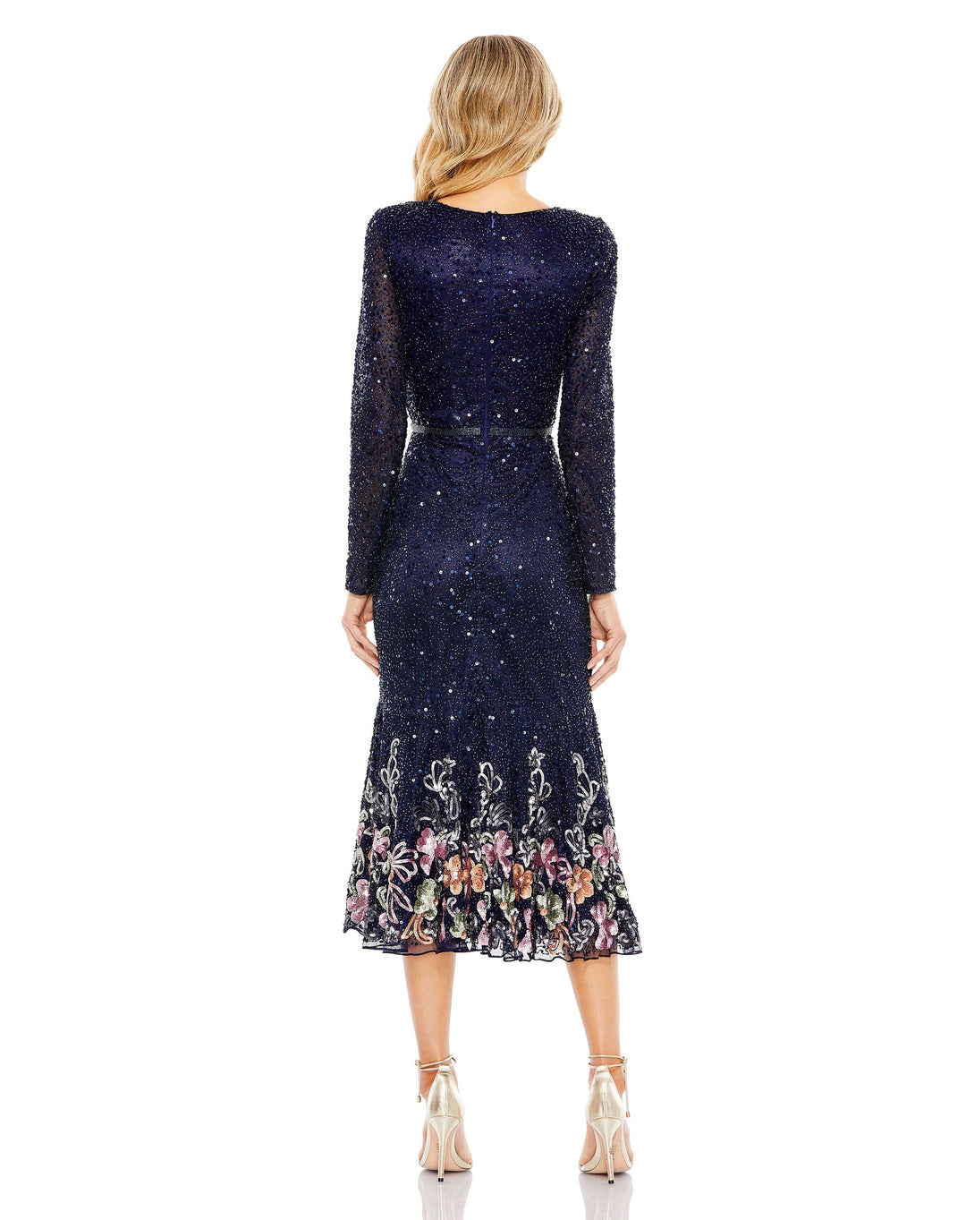 Formal Dresses Beaded Long Sleeve Tea Length Dress Midnight