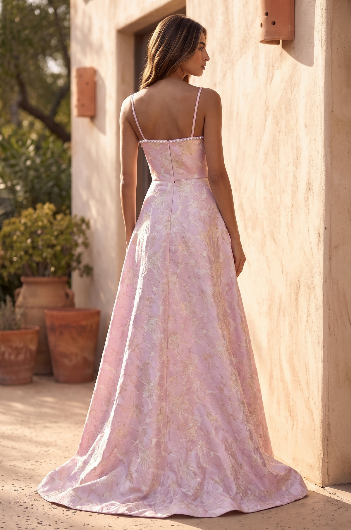 Floral Jacquard A-Line Gown – Pink