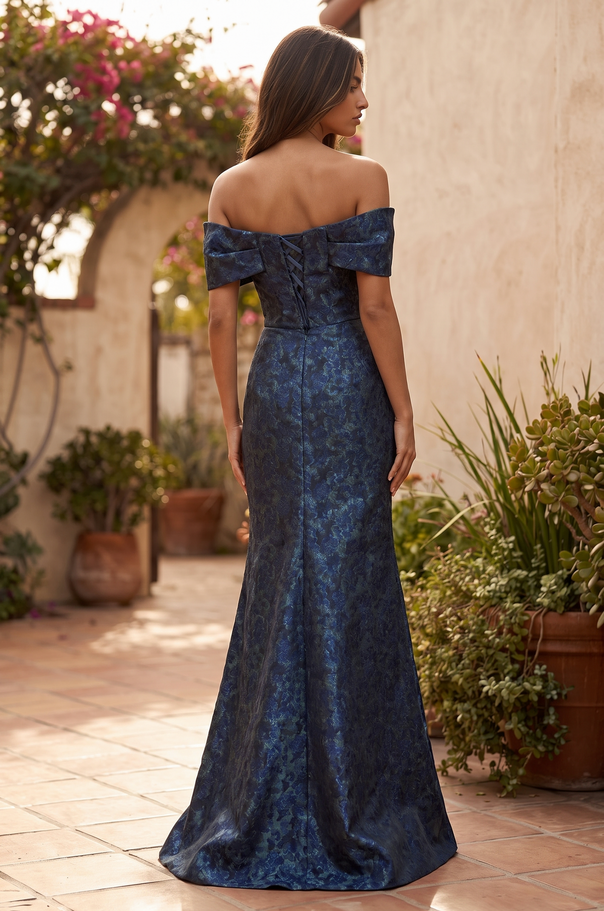 Off-the-Shoulder Floral Jacquard Mermaid Evening Formal Dress – Navy