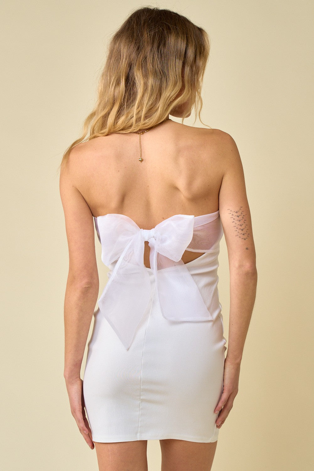 Cocktail Dresses Short Strapless Organza Ribbon Back Tie Bodycon Dress Ivory