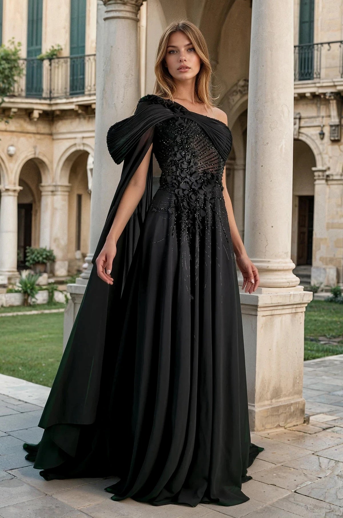 Black Sculpted Shoulder Evening Gown for Black-tie Event, Formal Wedding 1373 – Black