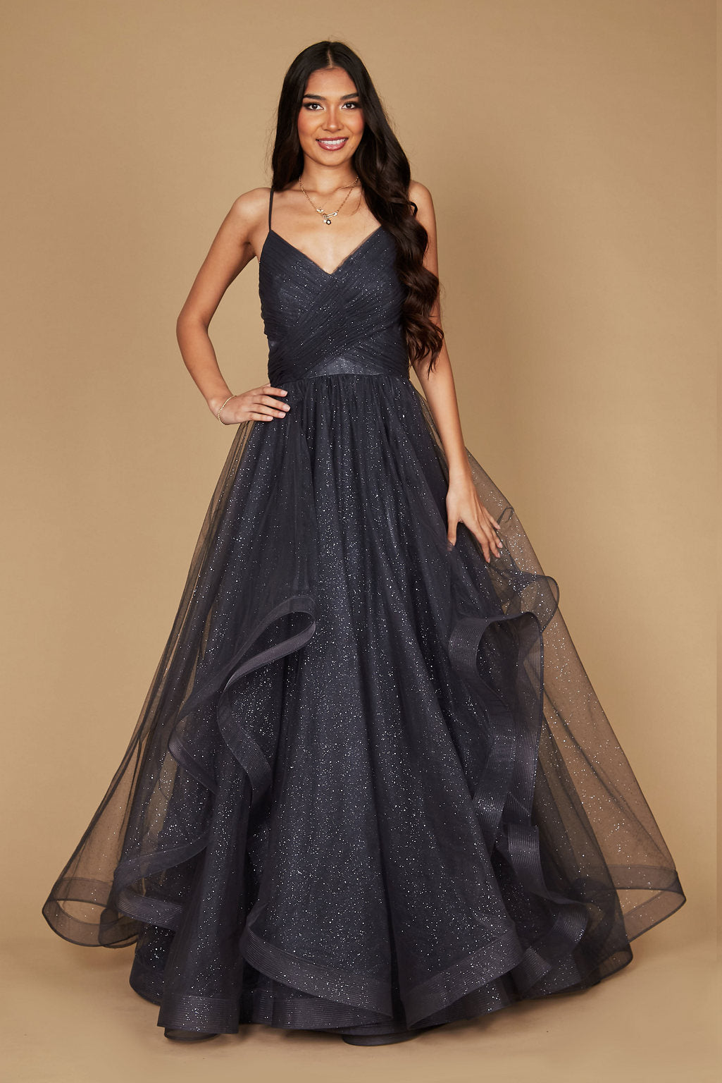 Sparkling Spaghetti Strap Long Formal Ball Gown – Black