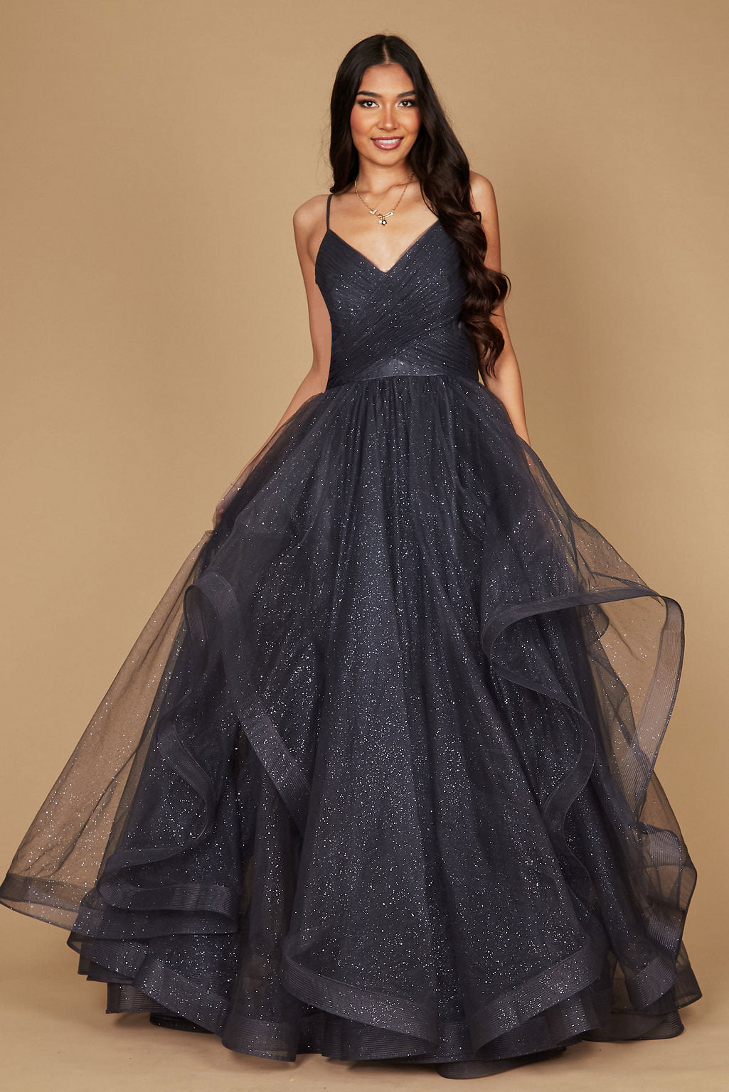 Sparkling Spaghetti Strap Long Formal Ball Gown – Black