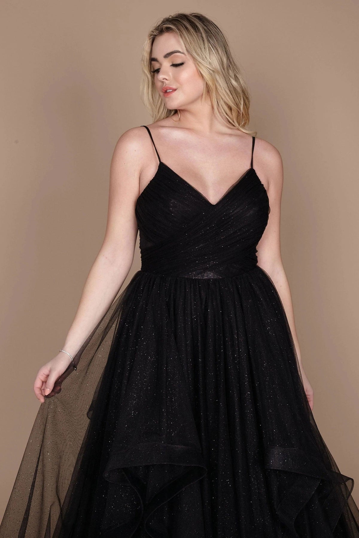 Sparkling Spaghetti Strap Long Formal Ball Gown – Black