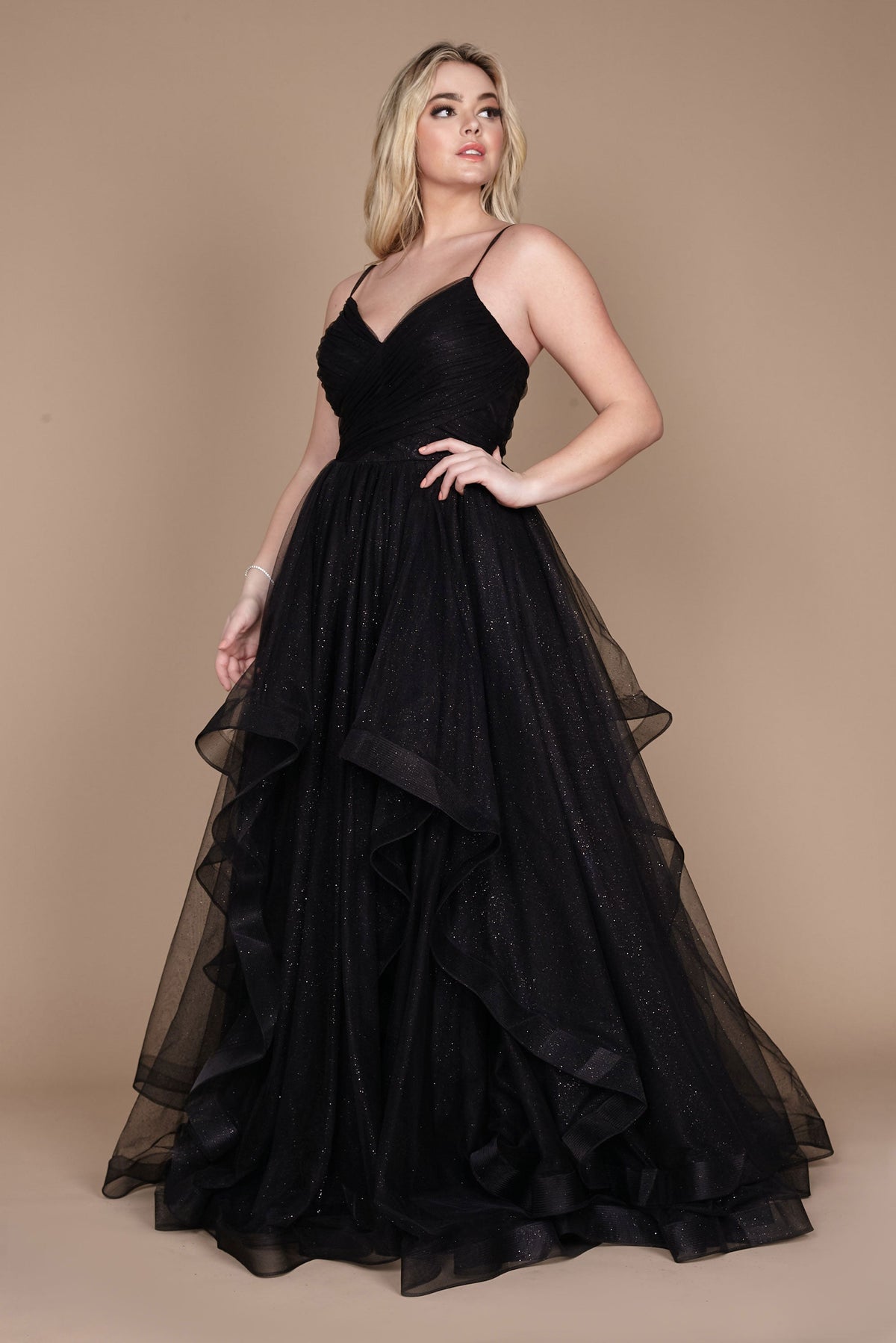 Sparkling Spaghetti Strap Long Formal Ball Gown – Black