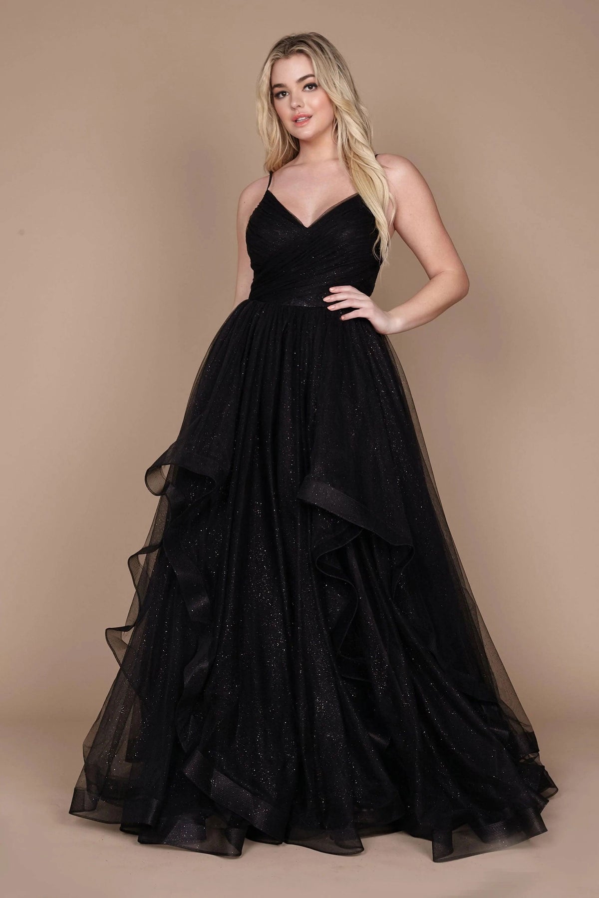 Sparkling Spaghetti Strap Long Formal Ball Gown – Black