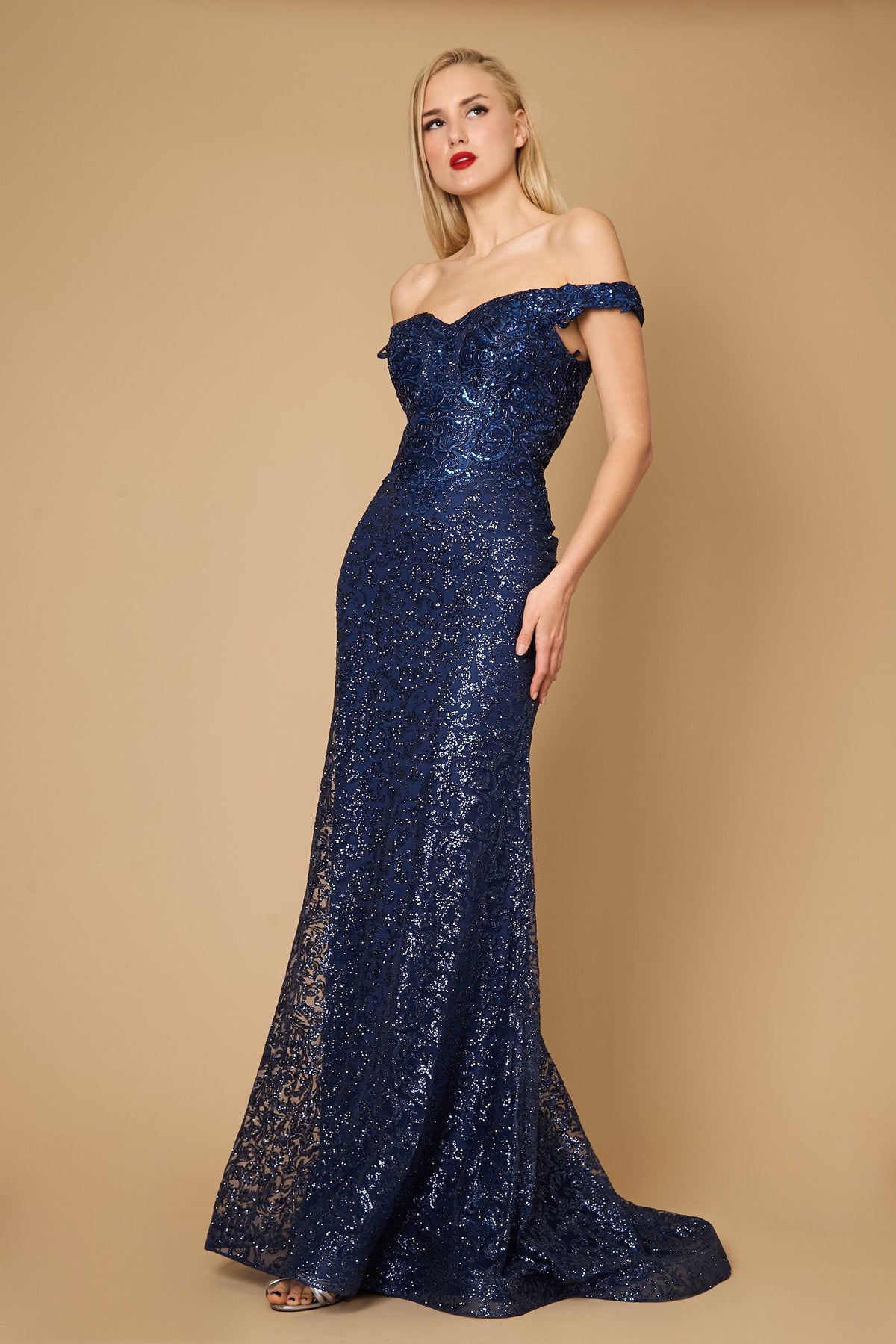 Off-the-Shoulder Formal Mermaid Fitted Evening Dress – Steel Blue