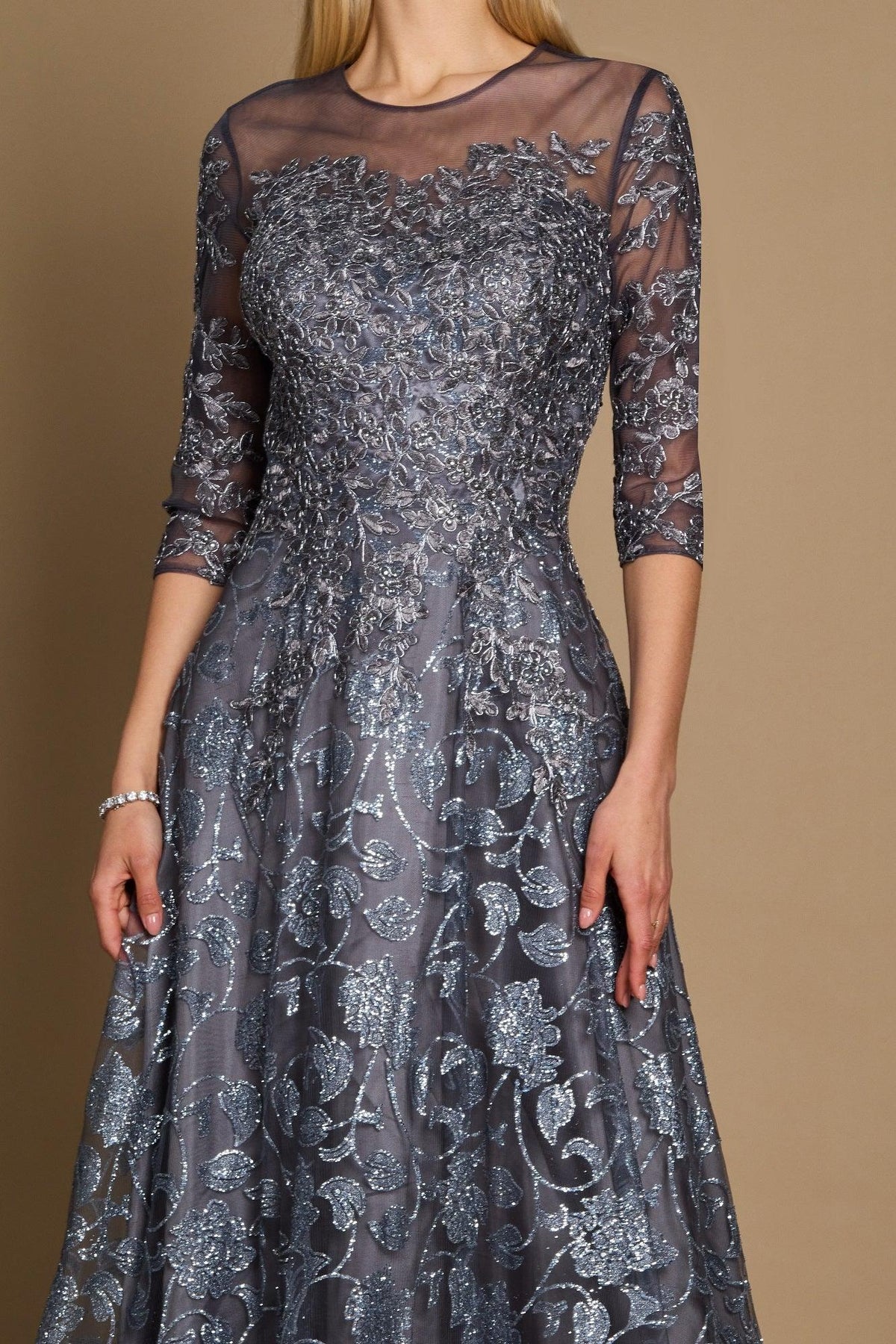 Long Formal Lace Evening Dress – Charcoal