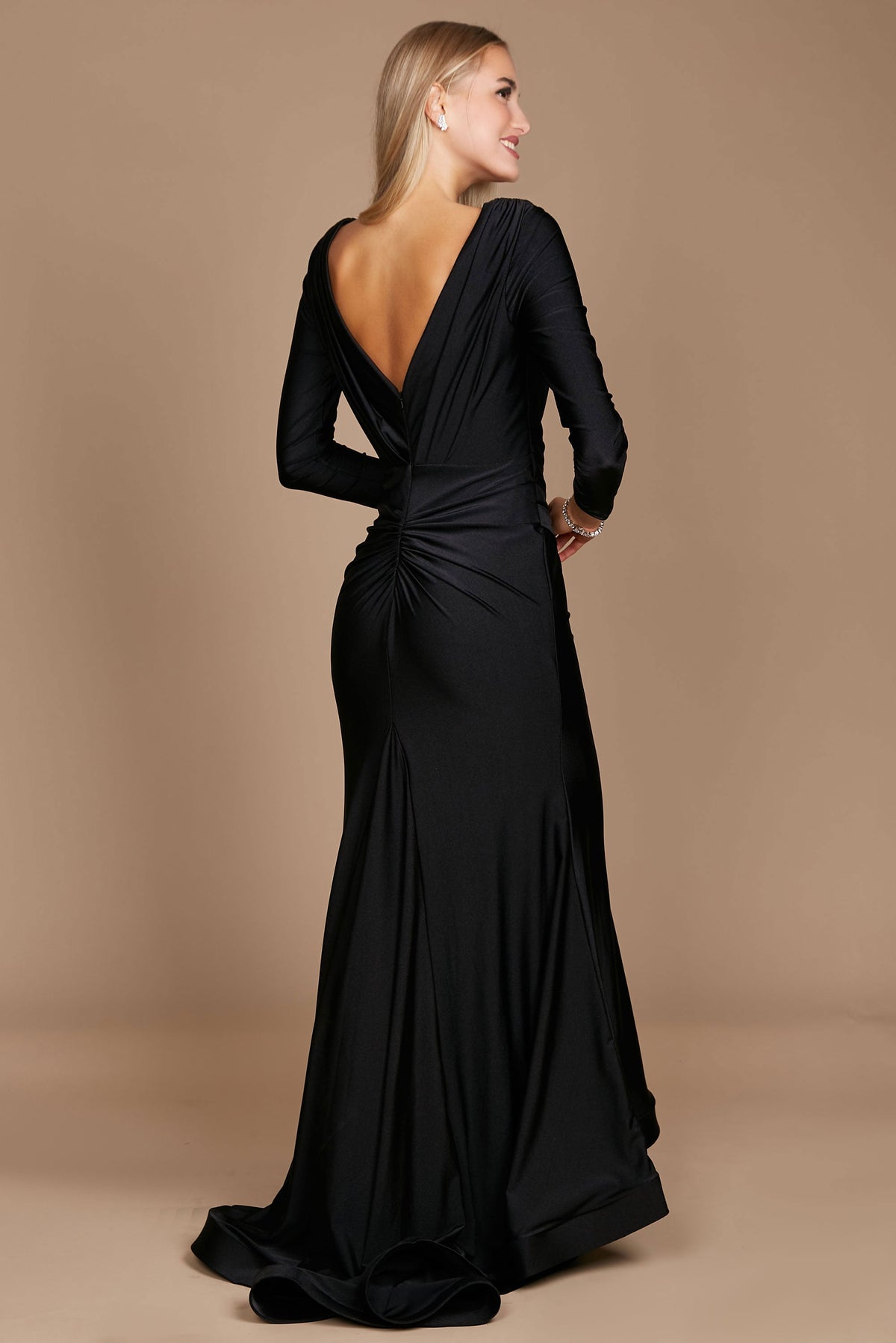 Fitted V-Neck Long Sleeve Floor-Length Sequin Prom Dress with High Slit – Royal