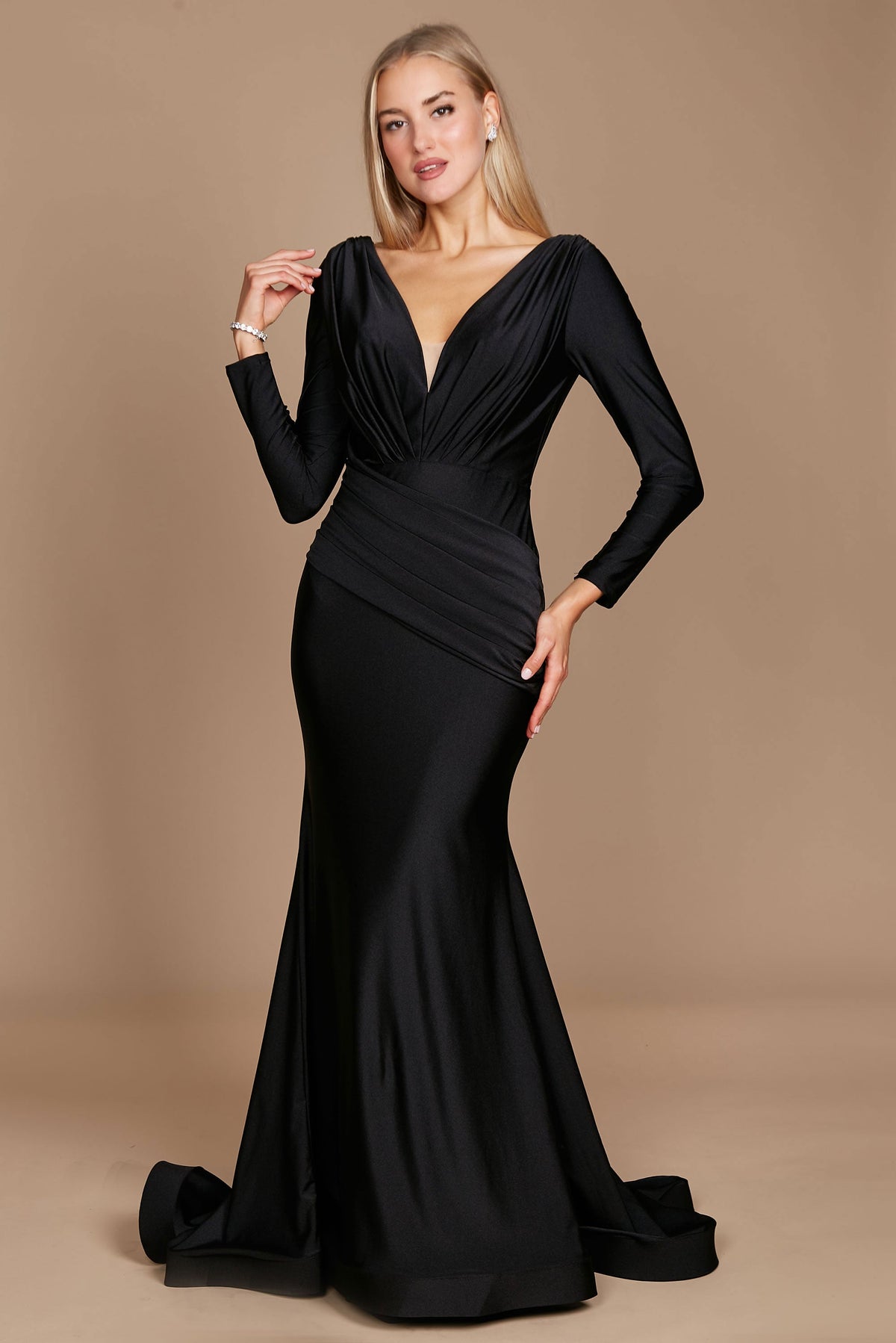 Fitted V-Neck Long Sleeve Floor-Length Sequin Prom Dress with High Slit – Royal