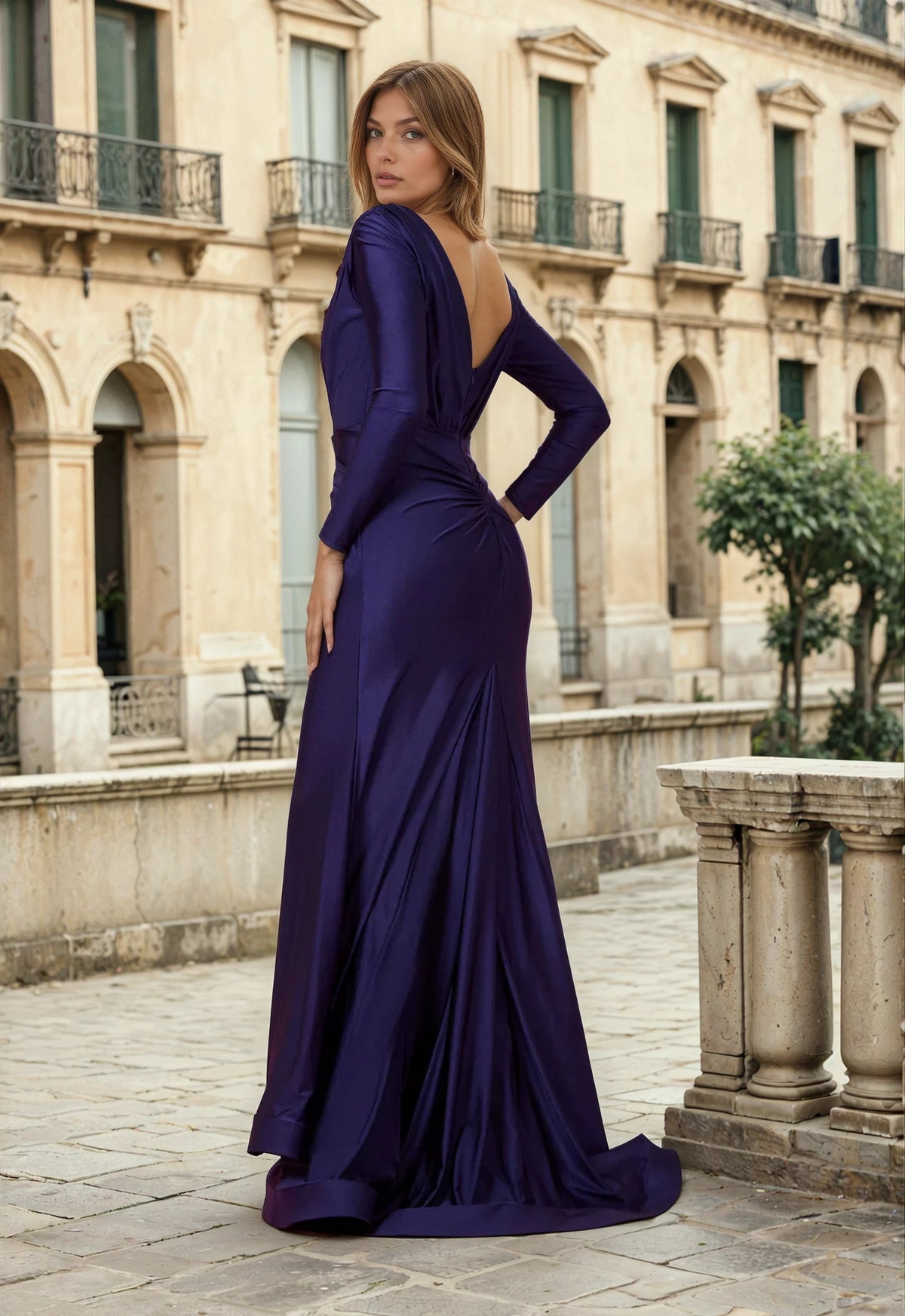 Fitted V-Neck Long Sleeve Floor-Length Sequin Prom Dress with High Slit – Navy