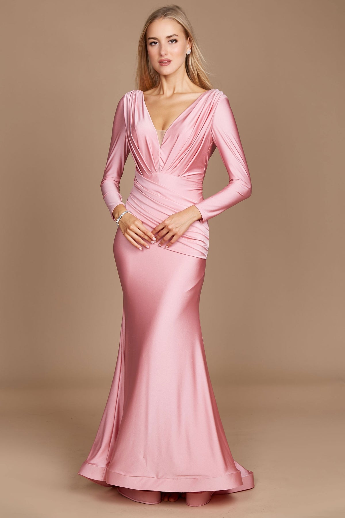 Fitted V-Neck Long Sleeve Floor-Length Sequin Prom Dress with High Slit – Fuchsia