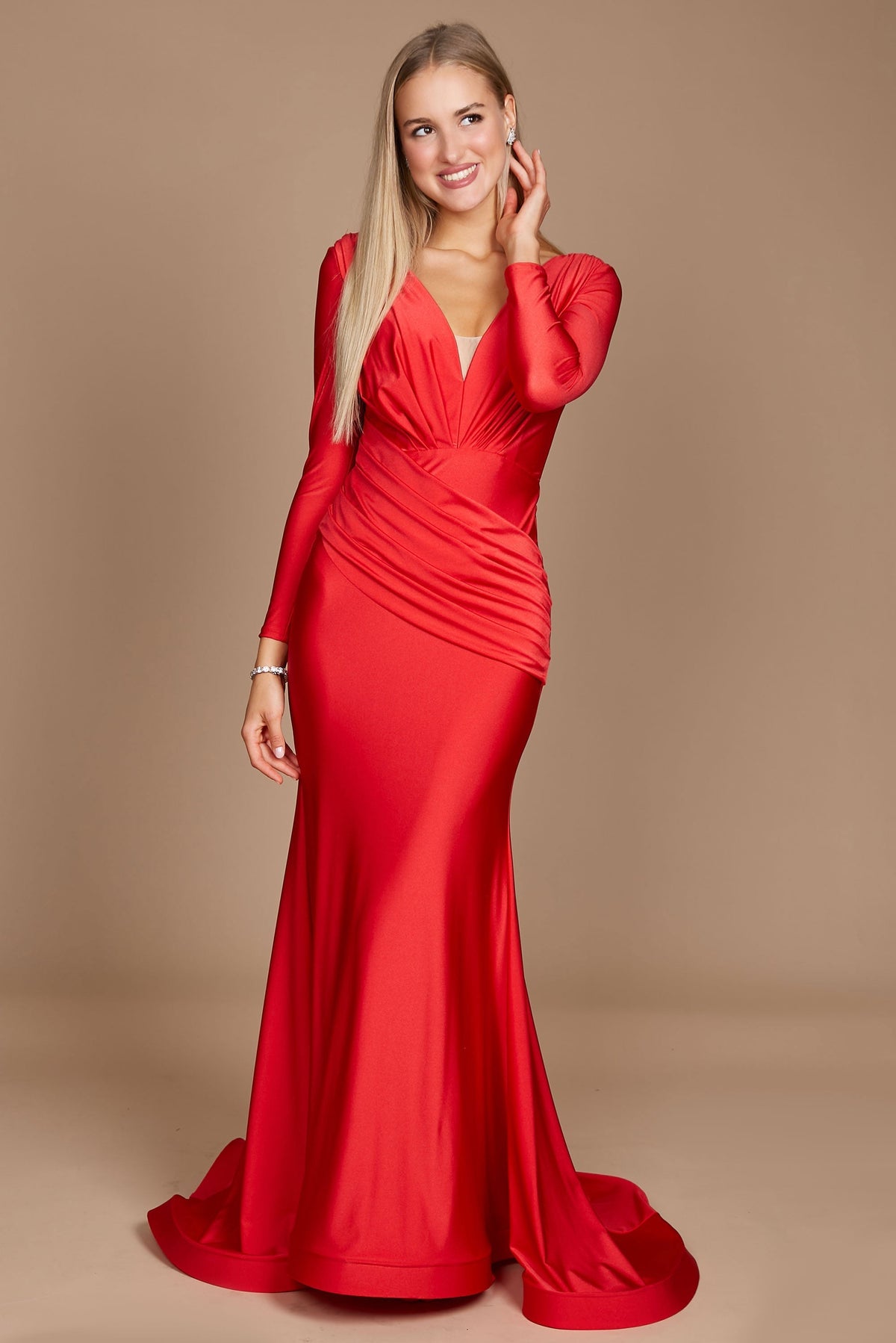 Fitted V-Neck Long Sleeve Floor-Length Sequin Prom Dress with High Slit – Emerald Green