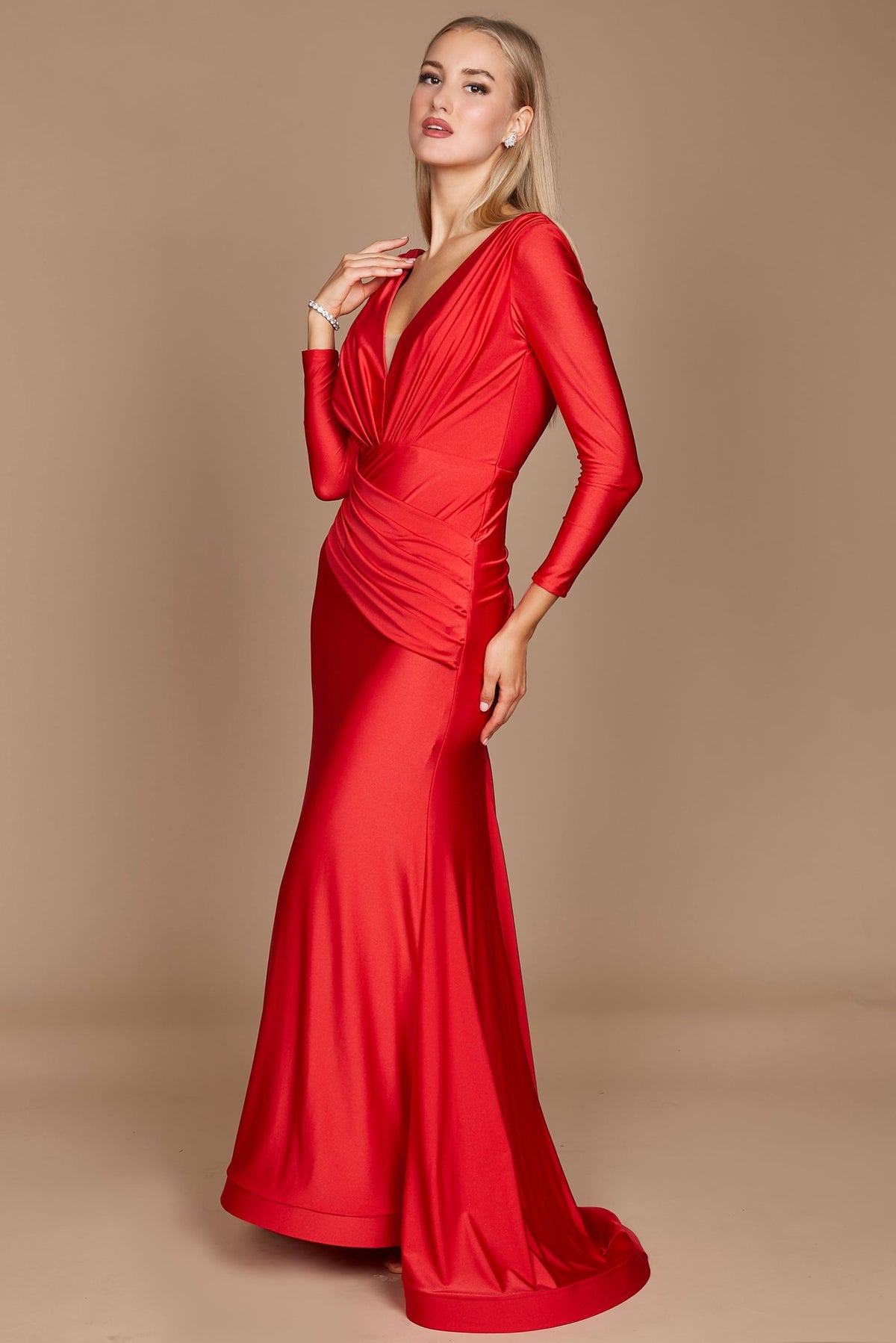 Fitted V-Neck Long Sleeve Floor-Length Sequin Prom Dress with High Slit – Emerald Green