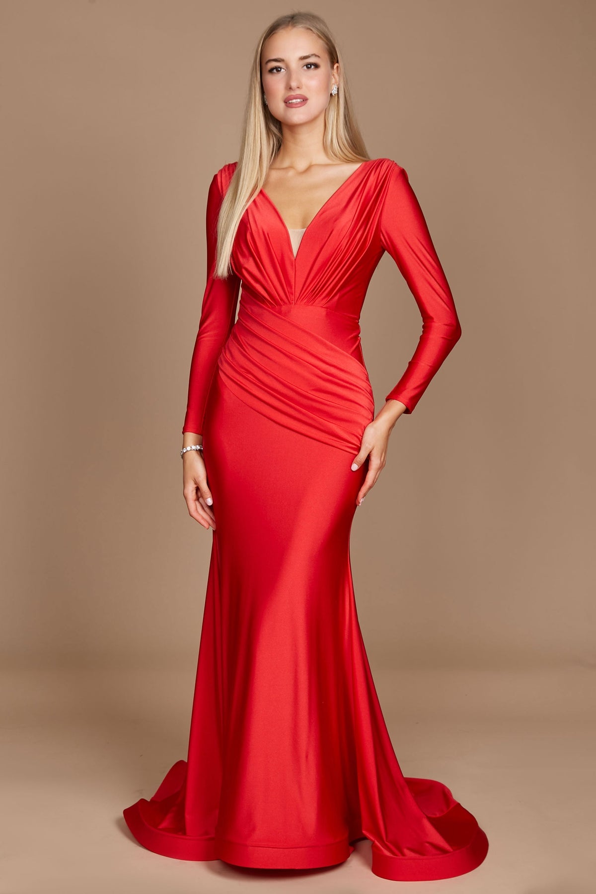 Fitted V-Neck Long Sleeve Floor-Length Sequin Prom Dress with High Slit – Fuchsia