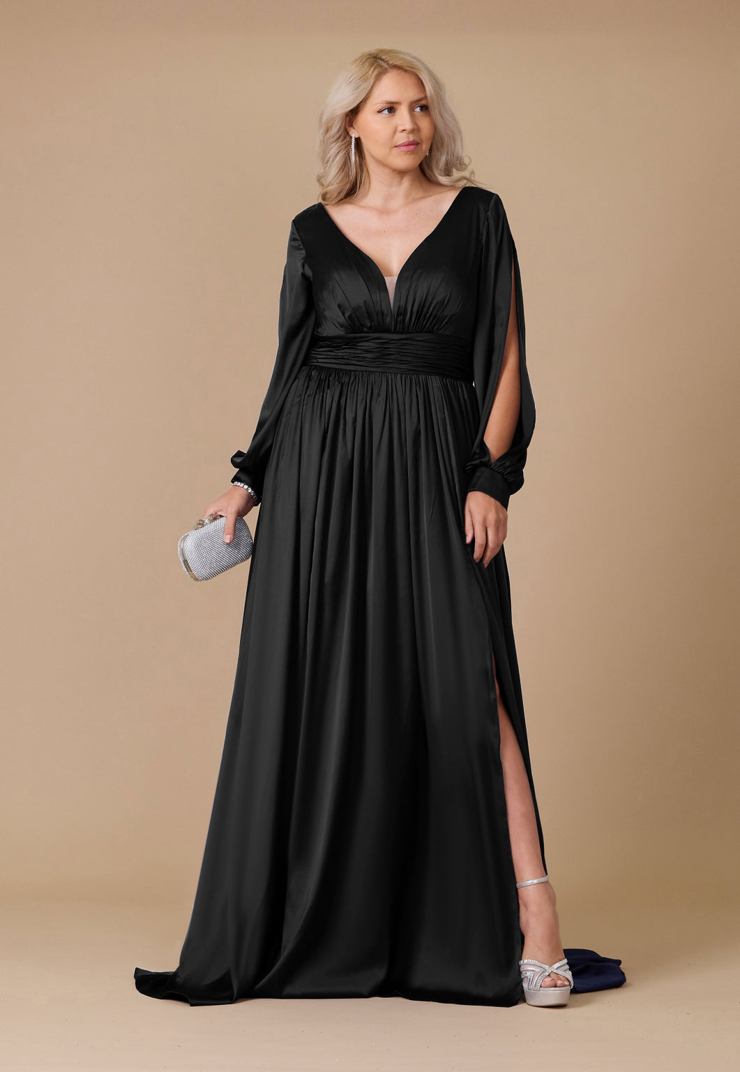 Long Open Sleeve Satin Formal Mother of the Bride Dress – Black
