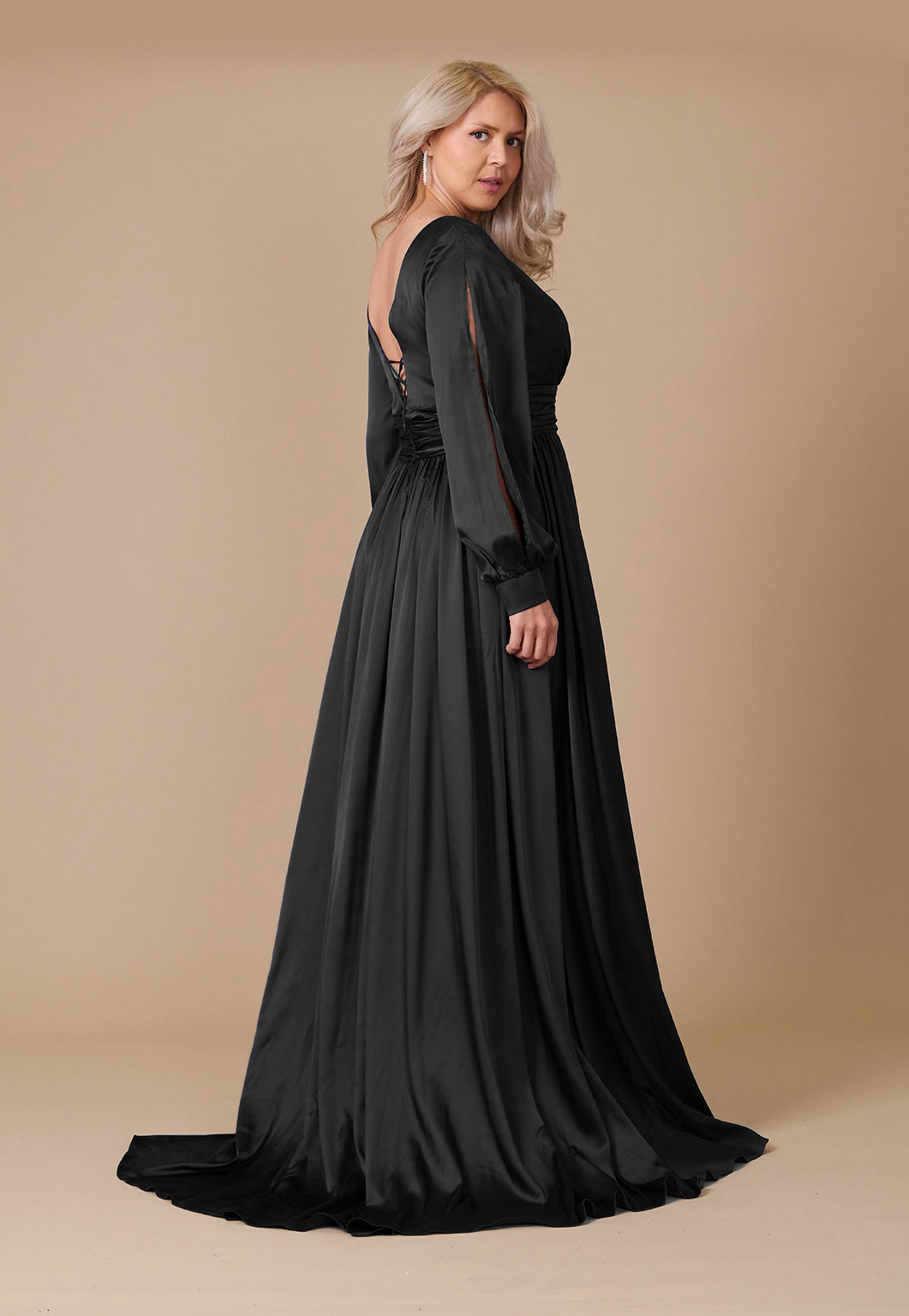 Long Open Sleeve Satin Formal Mother of the Bride Dress – Black