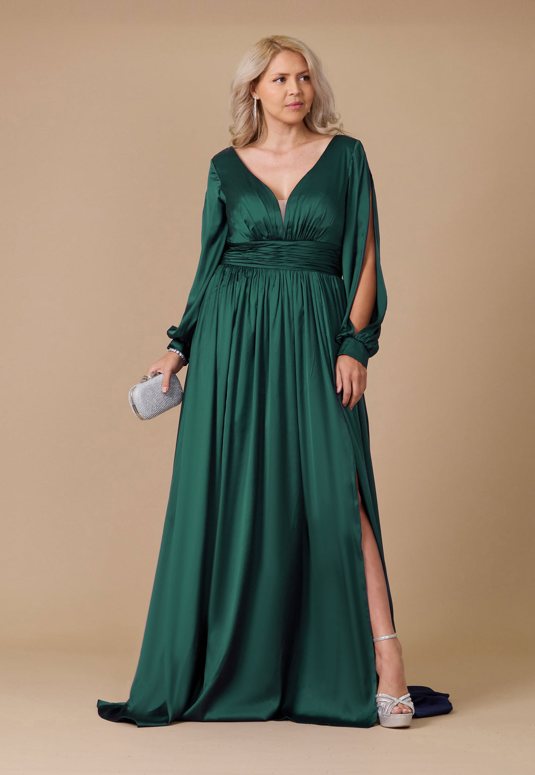 Long Open Sleeve Satin Formal Mother of the Bride Dress – Black