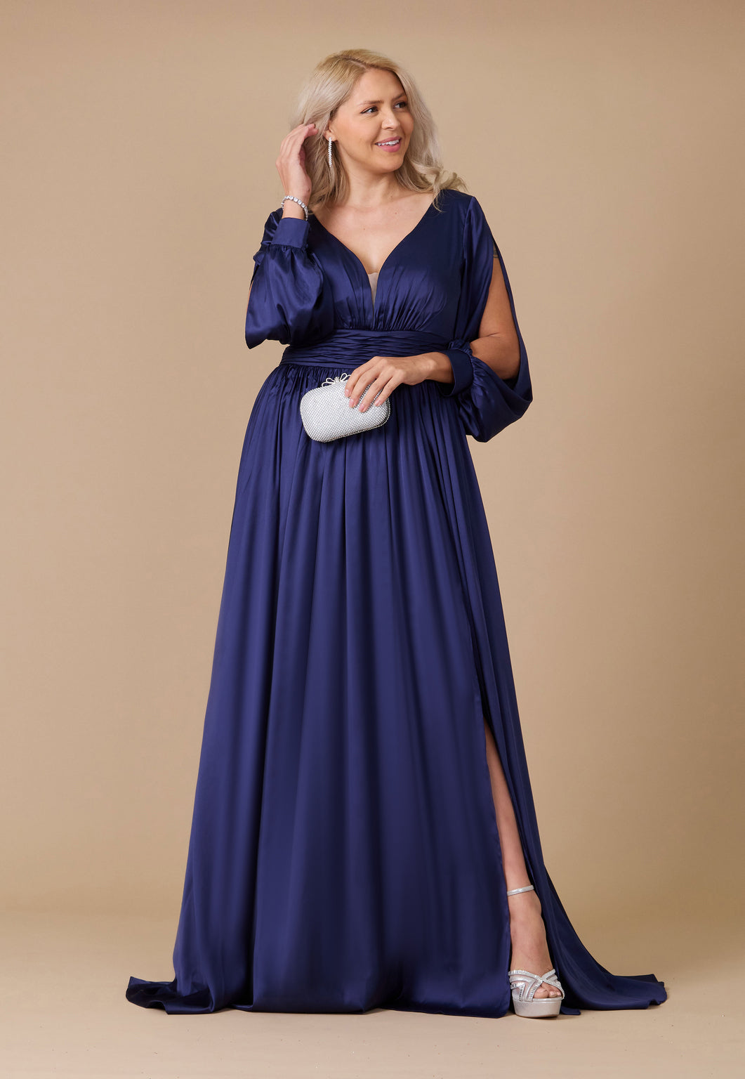 Long Open Sleeve Satin Formal Mother of the Bride Dress – Black