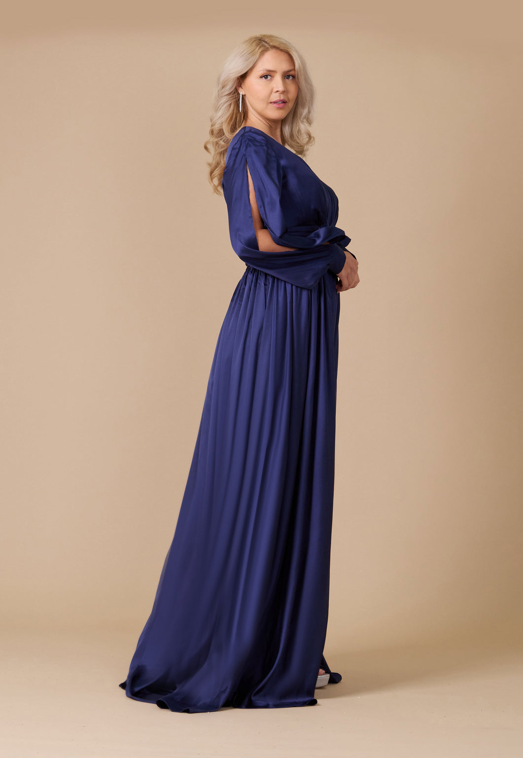 Long Open Sleeve Satin Formal Mother of the Bride Dress – Black
