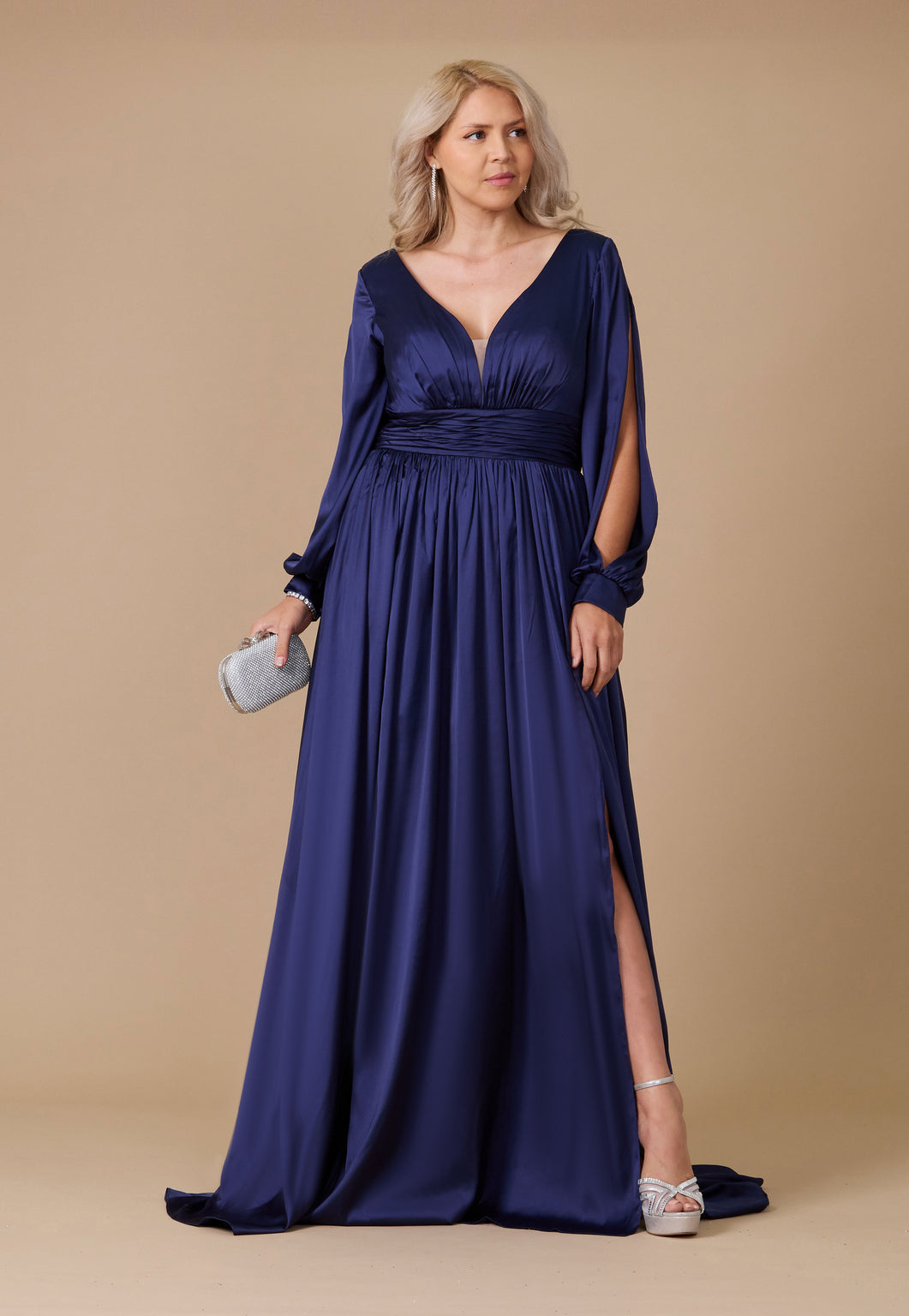 Long Open Sleeve Satin Formal Mother of the Bride Dress – Black