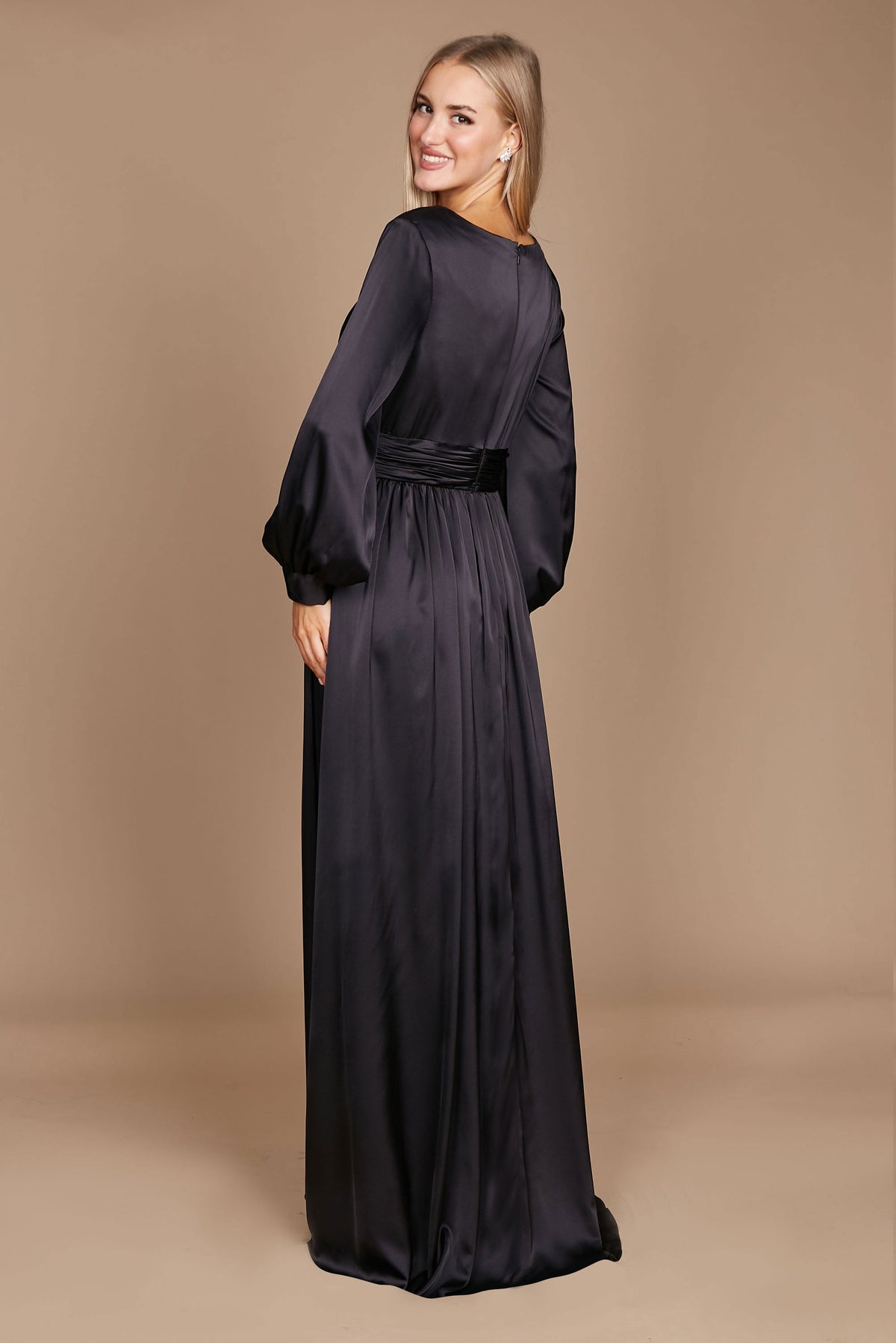 Black Satin Long Sleeve Formal Evening Dress – Black