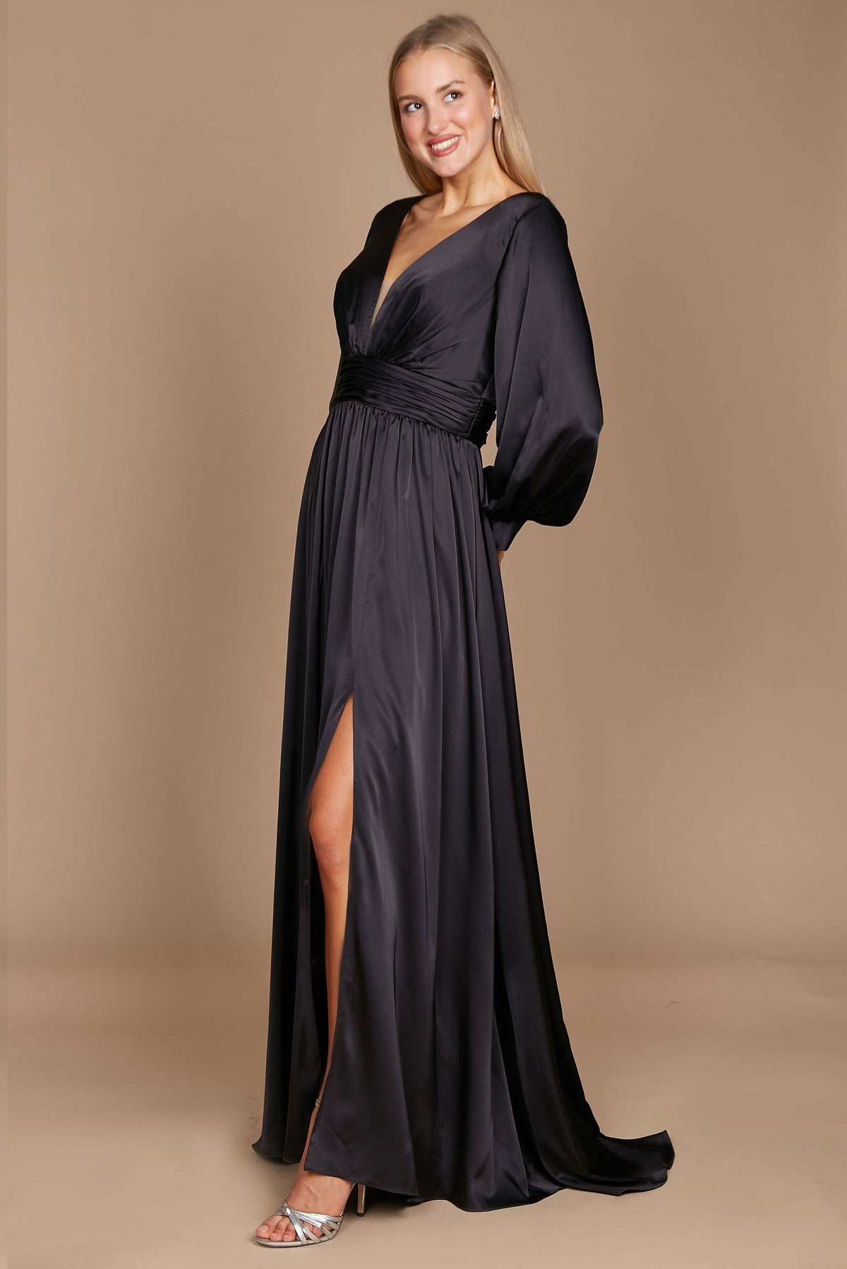 Black Satin Long Sleeve Formal Evening Dress – Black