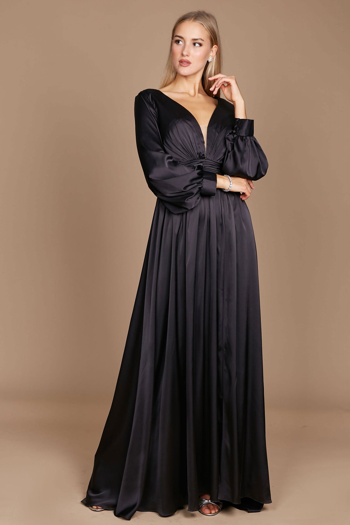 Black Satin Long Sleeve Formal Evening Dress – Black