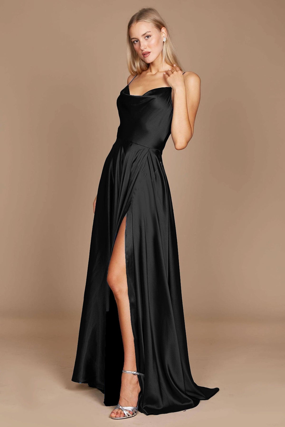 Formal Cowl Neck Spaghetti Strap Party Dress – Smoke Blue